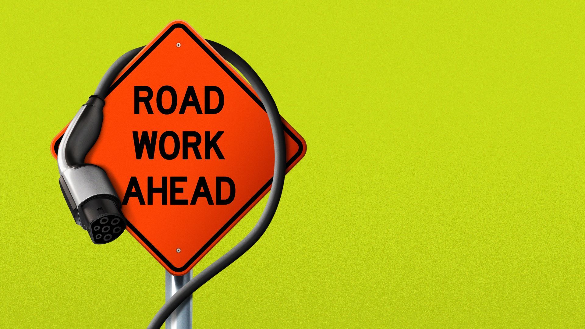 Illustration of a road work ahead caution sign, with an EV charger wrapped around it.