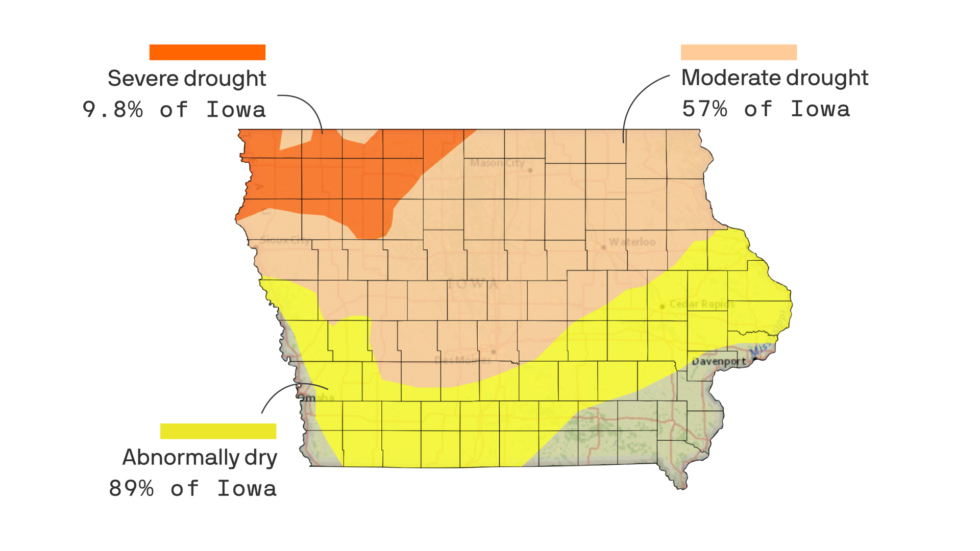 A map showing Iowa's drought