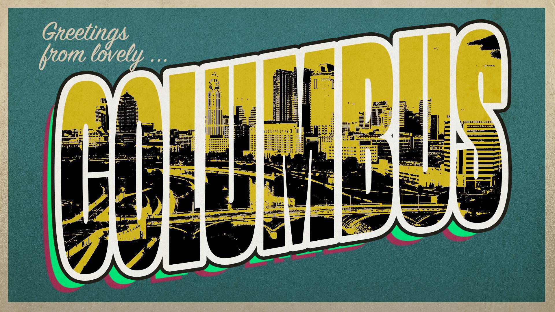 Photo illustration of a vintage-style postcard reading Greetings from lovely Columbus, with a photo of Columbus within the text.