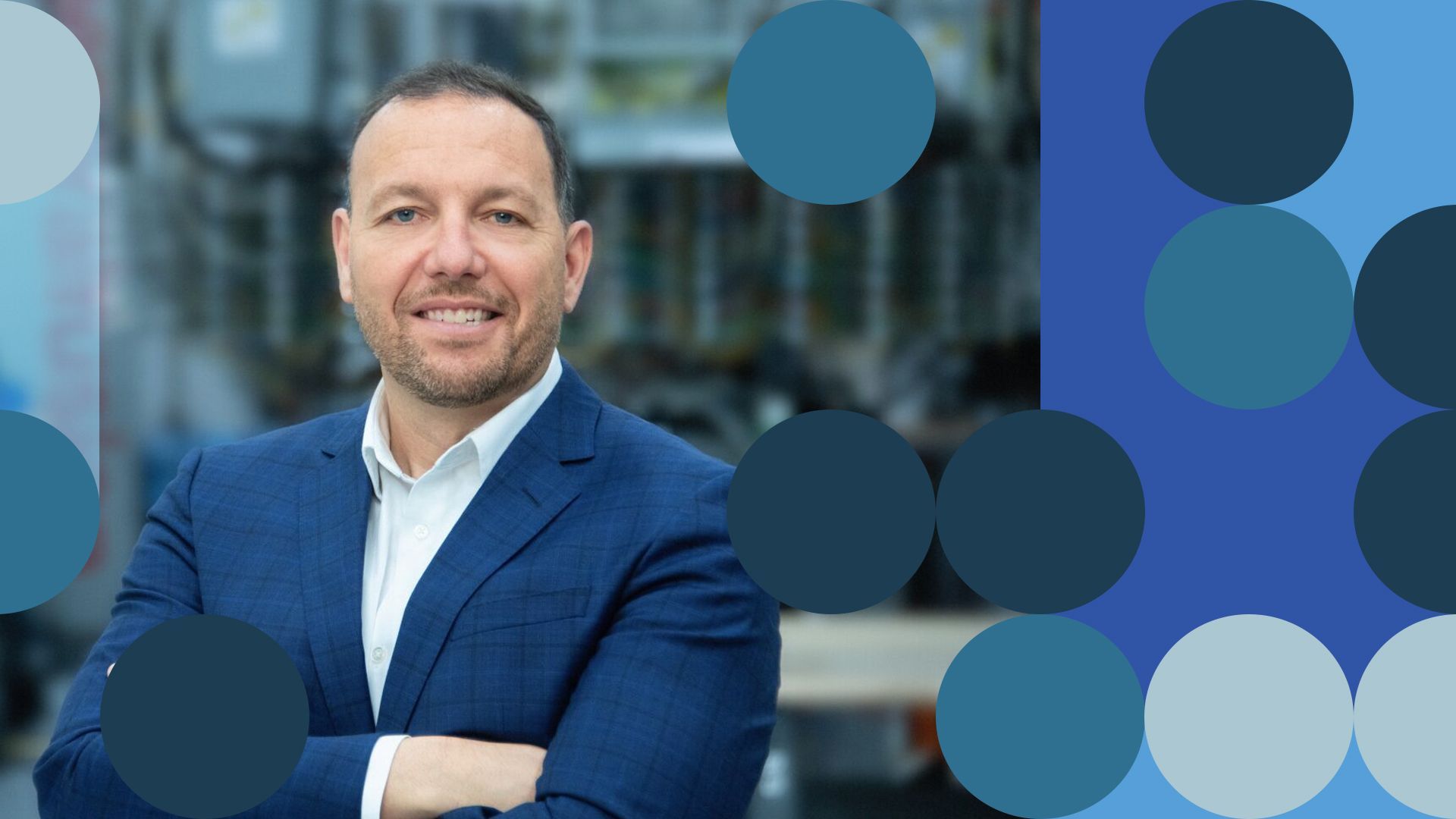 Photo illustration of Greg Twinney surrounded by abstract shapes. 