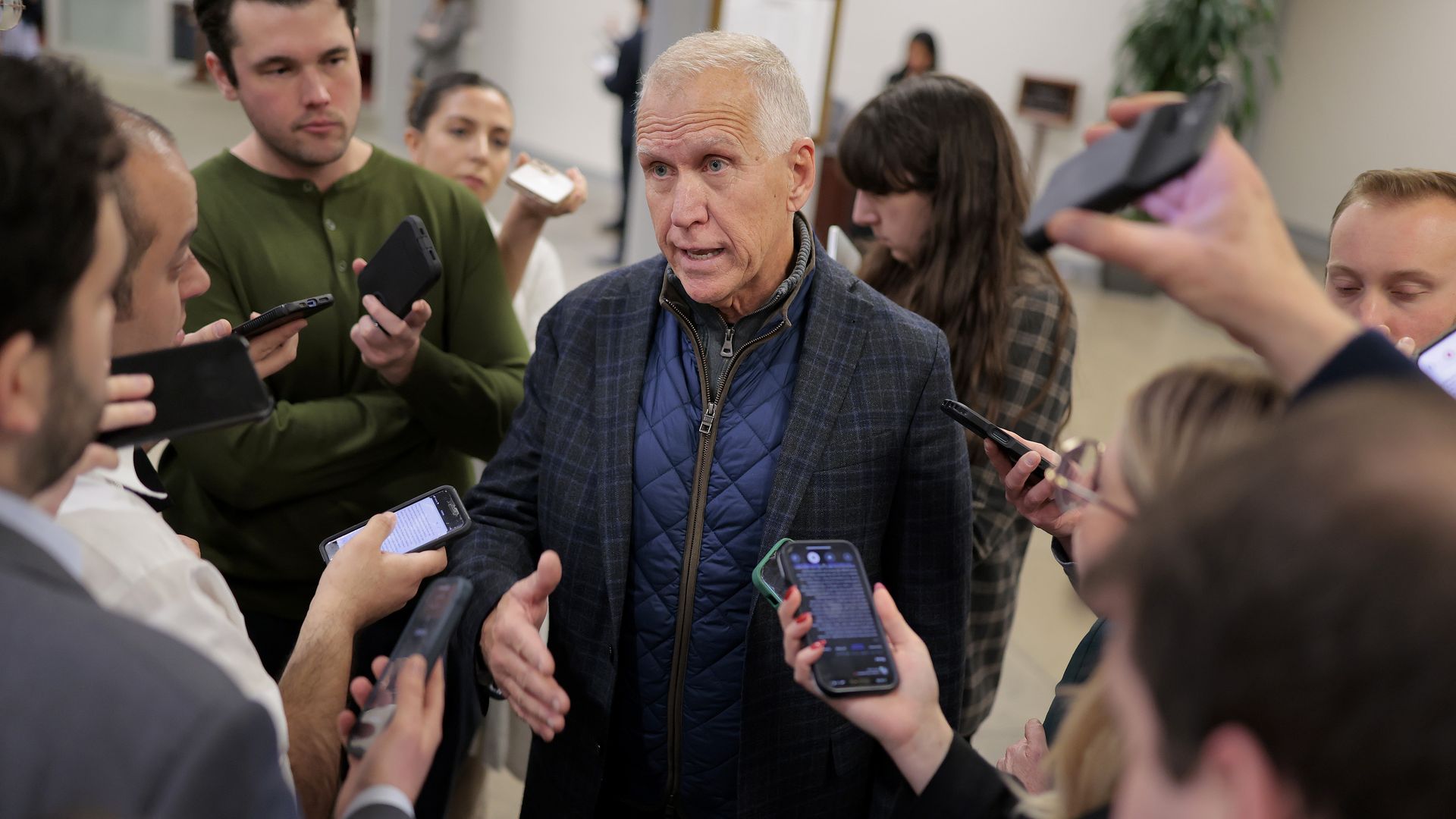 WASHINGTON, DC - JANUARY 27: U.S. Sen. Thom Tillis (R-NC) talks with reporters ahead of a vote in the U.S. Capitol on January 27, 2026 in Washington, DC. The Senate is discussing DHS funding as tensions remain high in Minneapolis after the shooting death of Alex Pretti by federal agents. (Photo by H