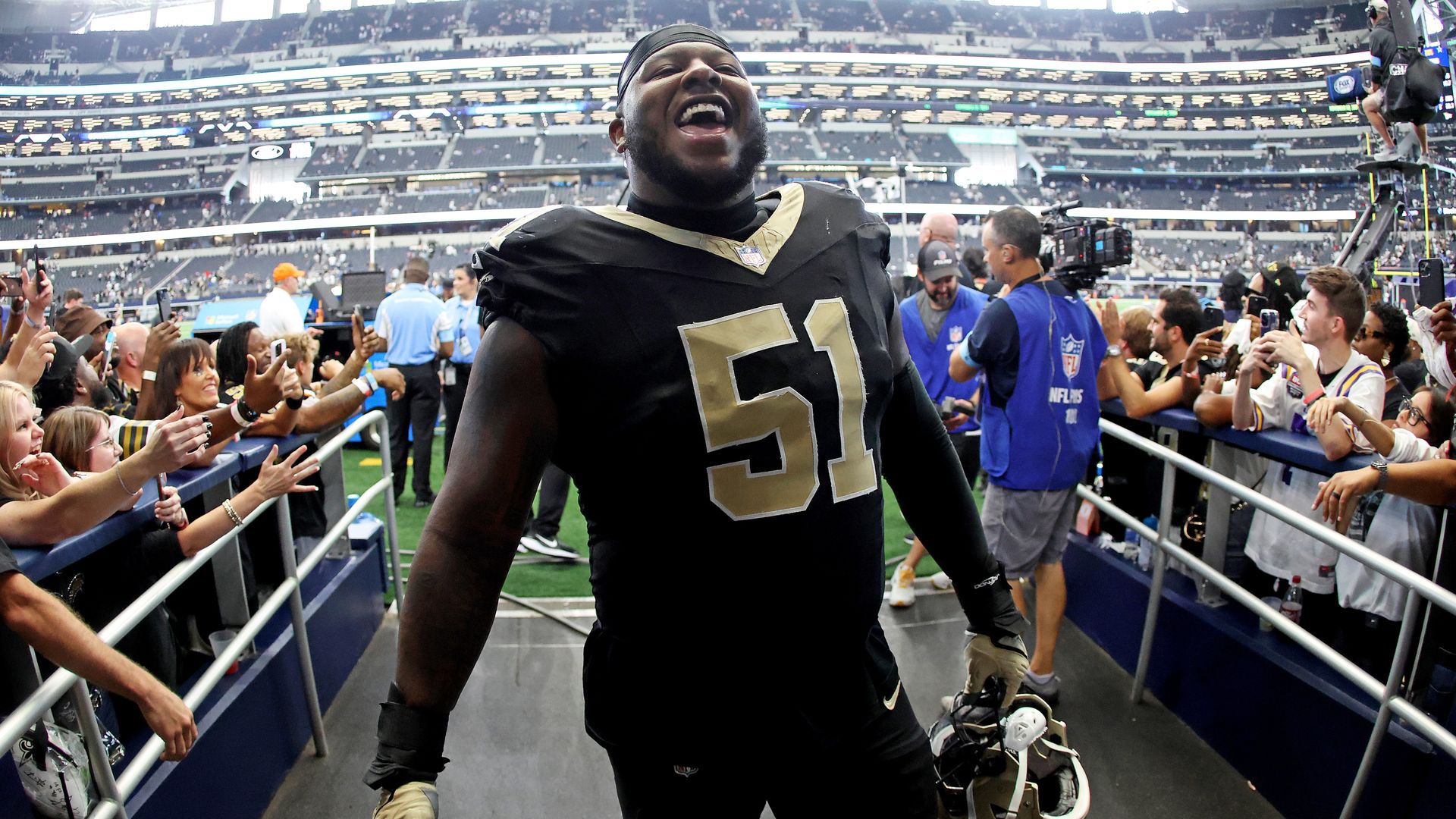 Image shows Cesar Ruiz happy after the Saints game.
