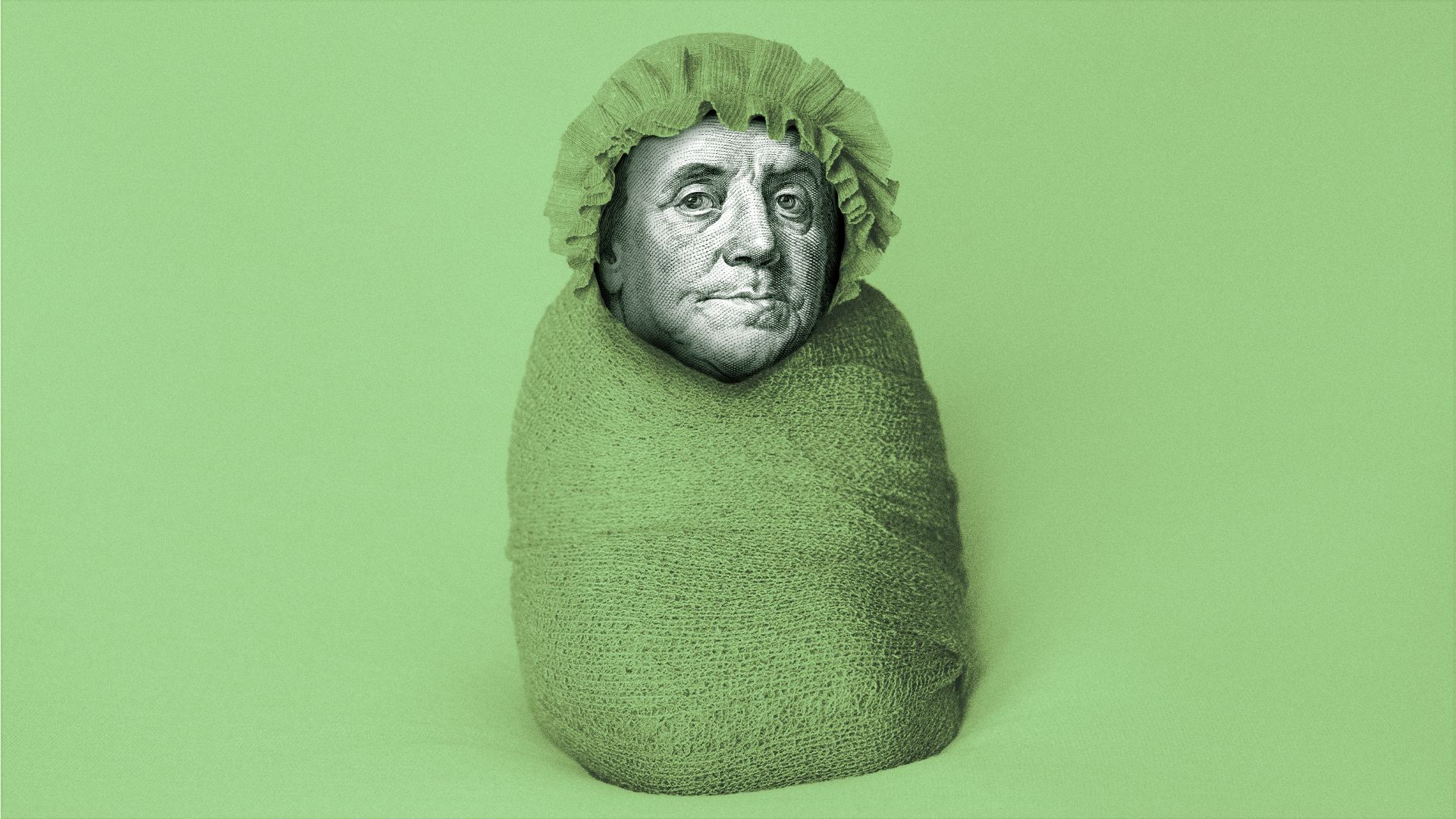 Illustration of Benjamin Franklin swaddled like a baby. 