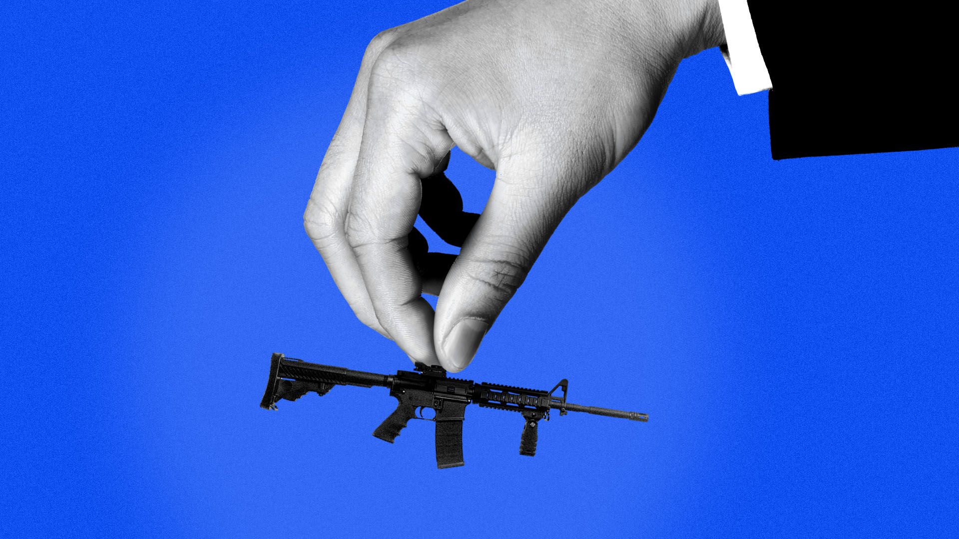 Illustration of a giant hand in a suit holding a tiny AR-15.