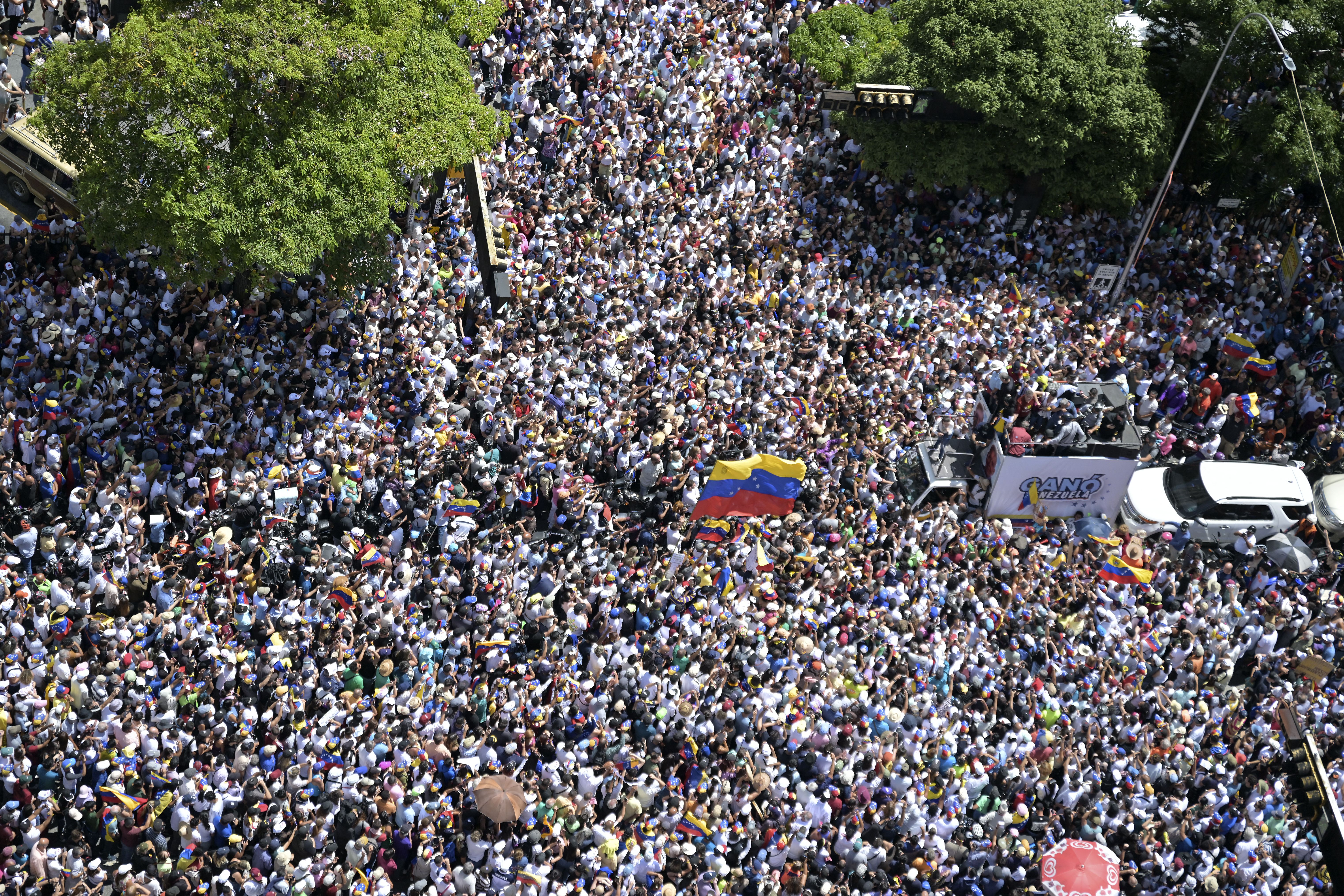 Thousands of people are shown from an aerial view while protesting against President Nicolas Maduro in Caracas, Venezuela 