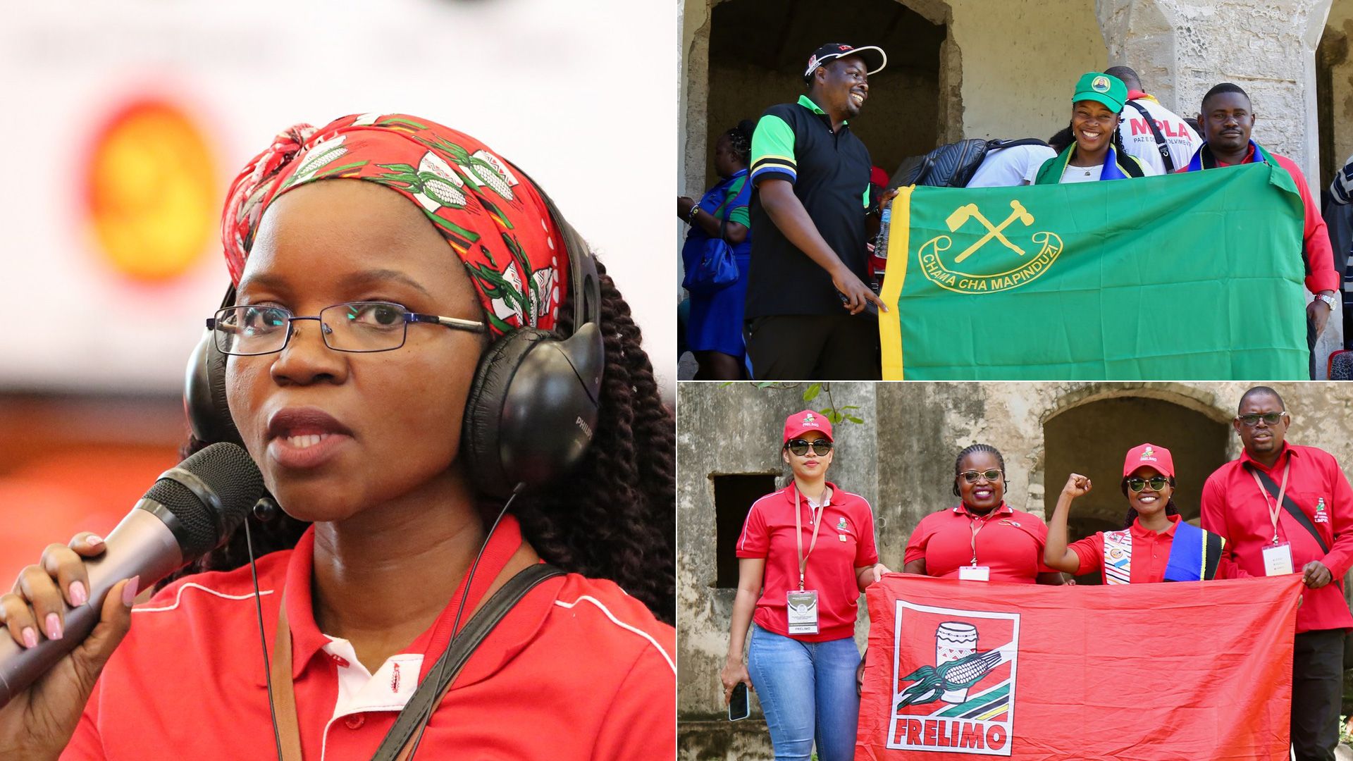  A photo collage of three photos. The first is a conference participant speaking into a microphone during a training session. The second three participants holding the green and yellow flag of Tanzania's CCM party. The third is four participants holding the flag of Mozambique's FRELIMO party.