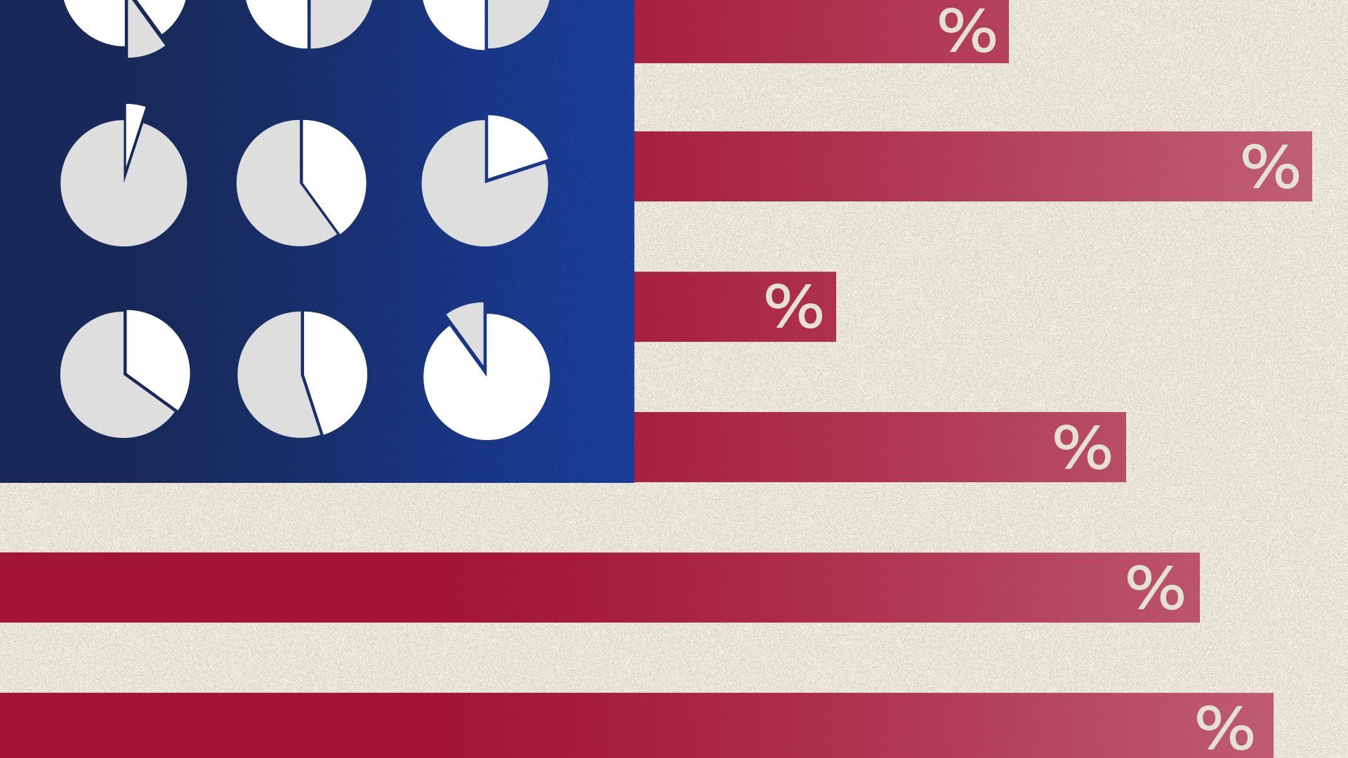 Illustration of a series of pie and bar charts laid out and colored to resemble the arrangement of the U.S. flag