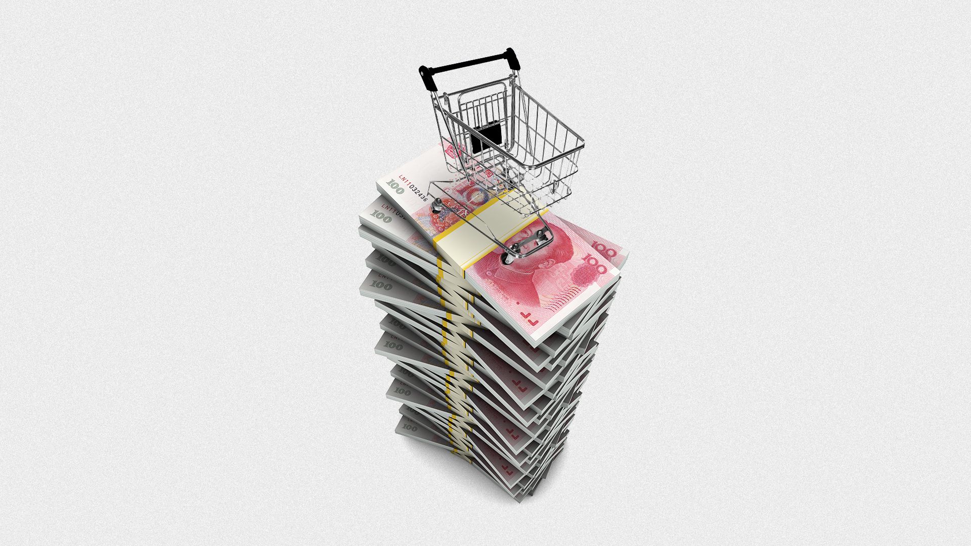 Illustration of a shopping cart on top of a pile of Renminbi.