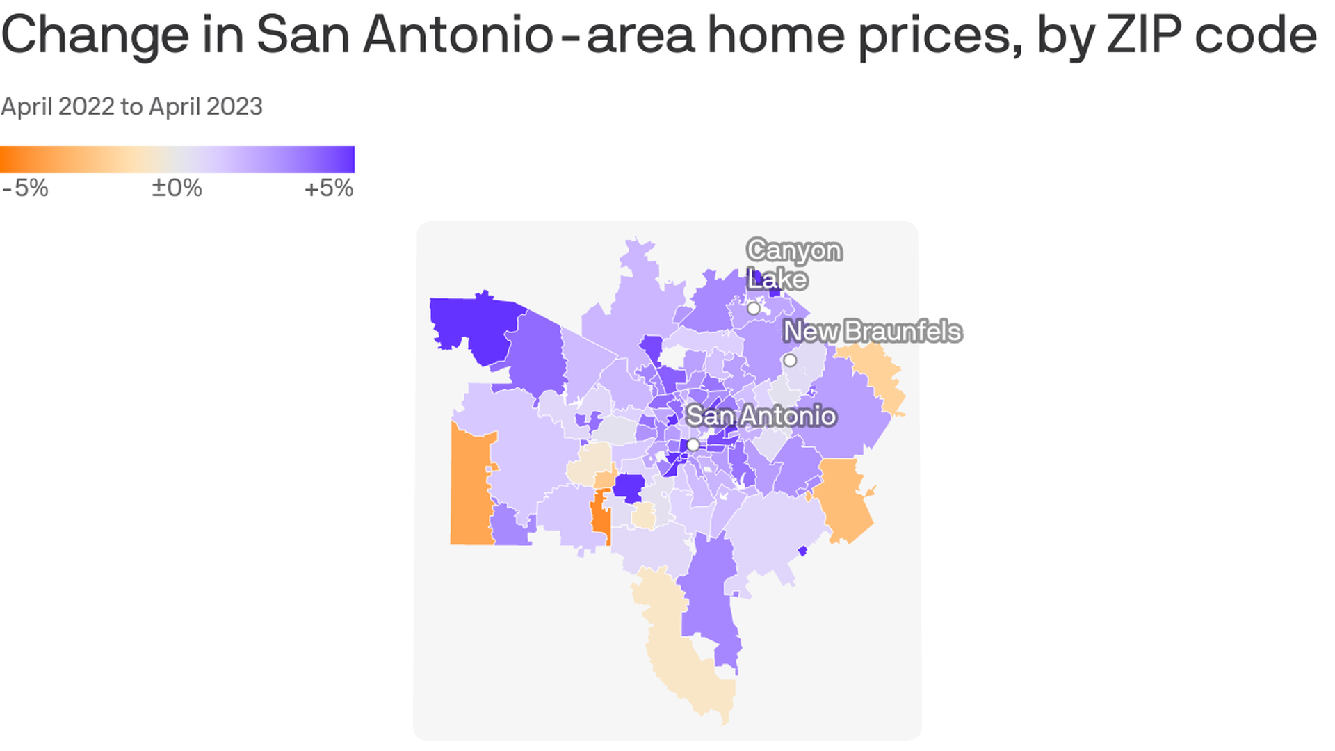 A map showing increases in San Antonio home prices across most of the city.