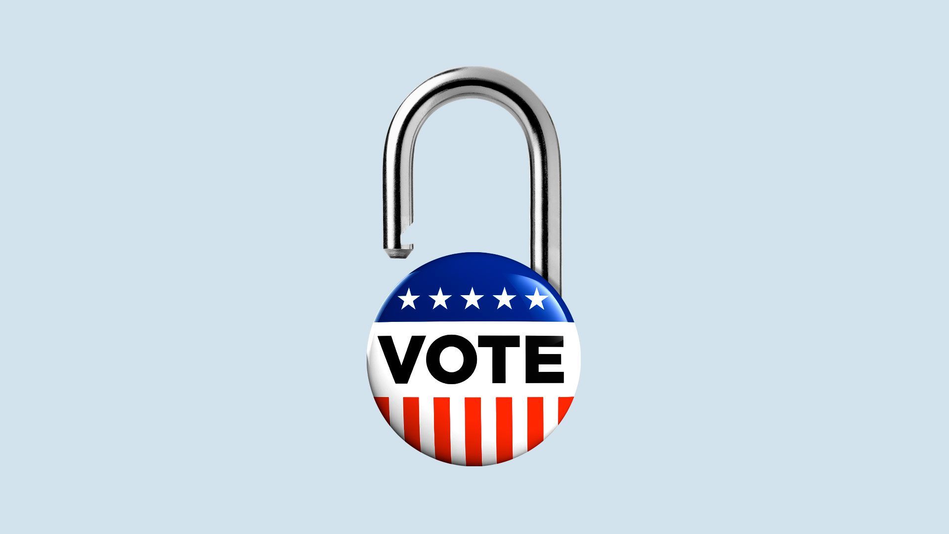 Illustration of a campaign vote button with an opened padlock shackle on the top.