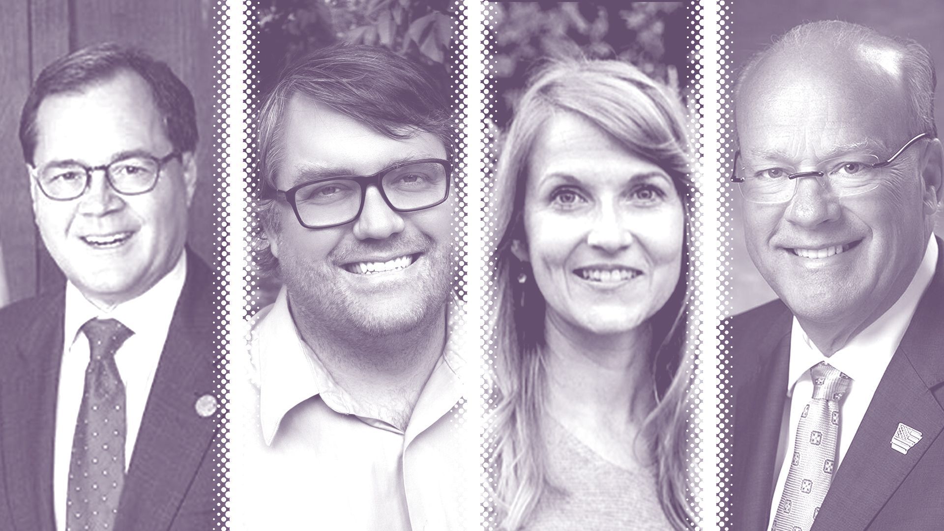 Photo illustration of Mark Kinion, Sarah Moore, Sloan Scroggin, and Scott Berna with a halftone dividing line.