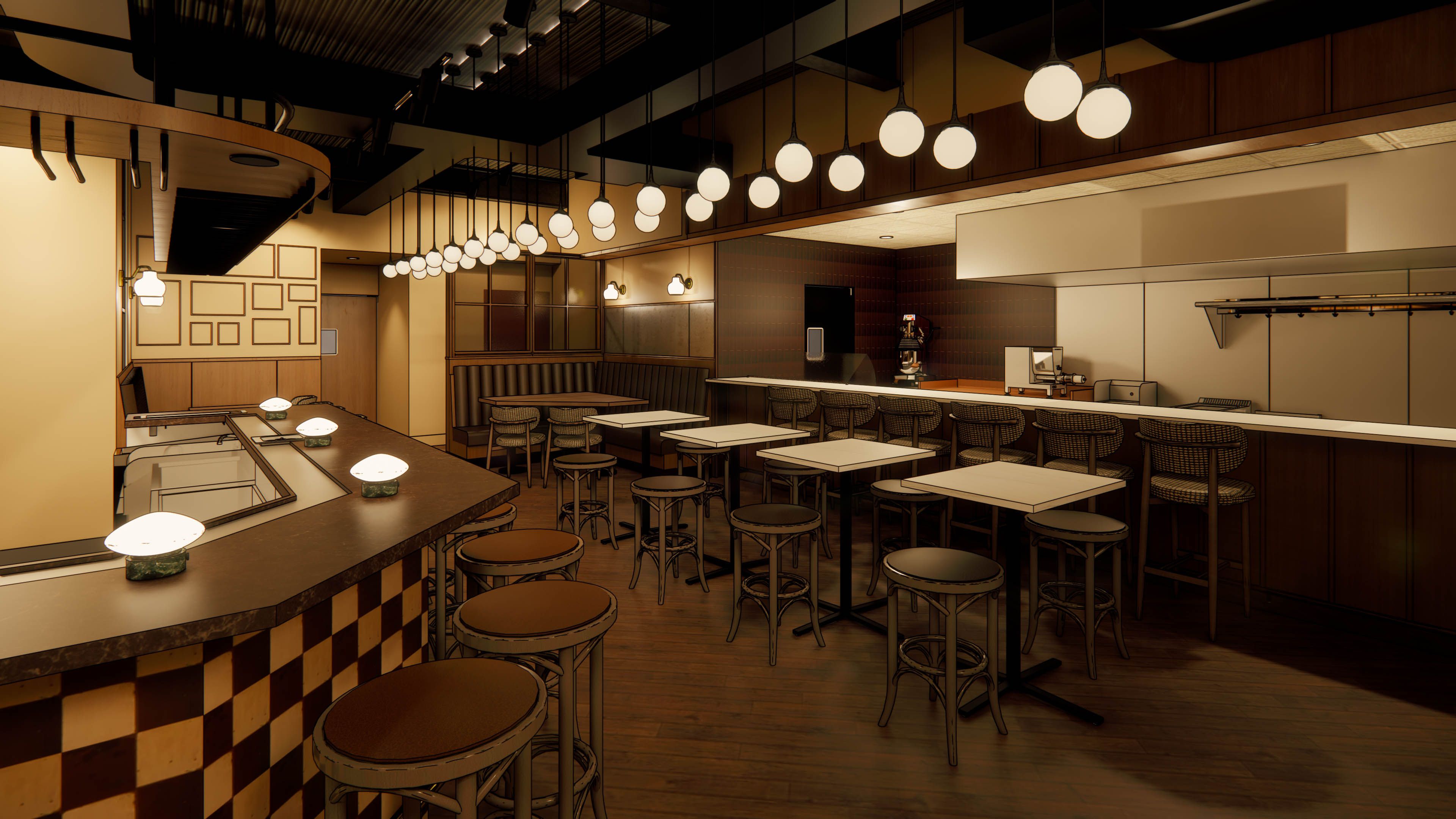 Warm retro diner/bar interior with a long wooden counter, checkered front, rows of round globe lights, and wooden stools, plus a back kitchen area.