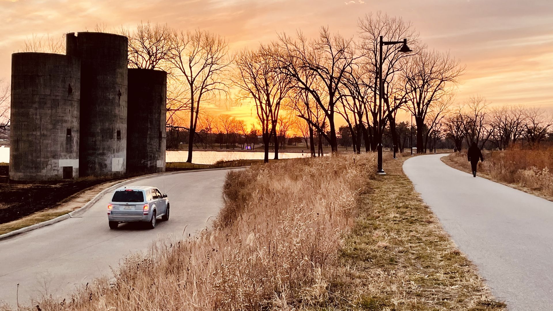 A photo of silos at Gray's Lake Park in Des Moines.