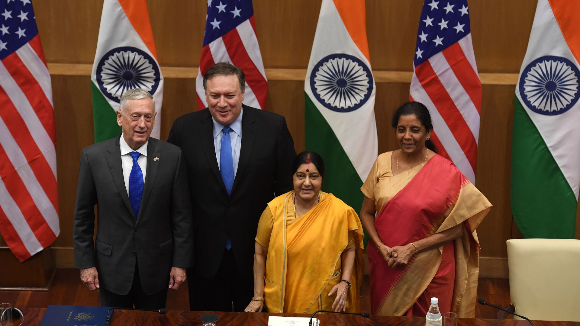 Mattis and Pompeo with their Indian counterparts at a press briefing