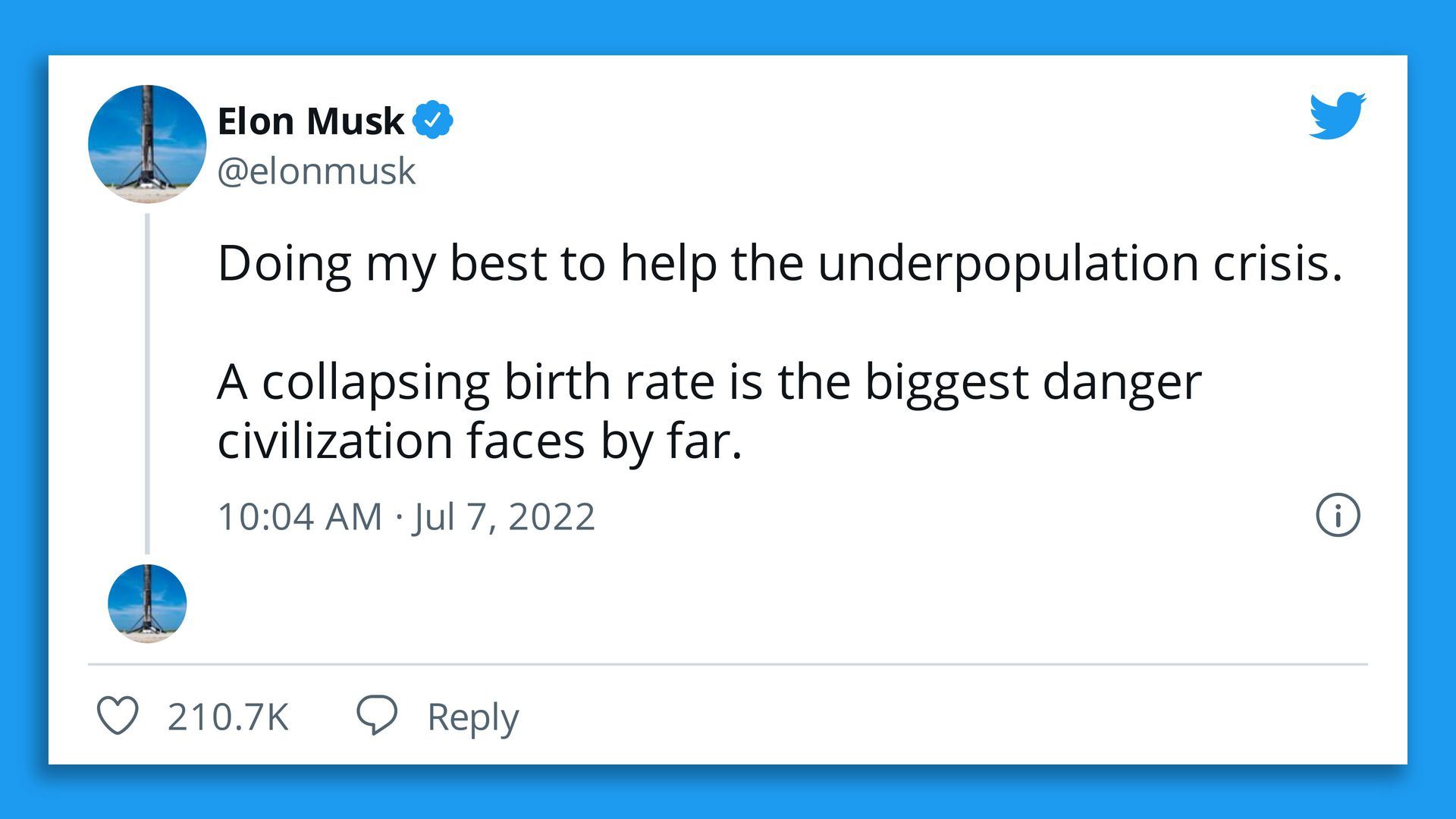 Elon Musk tweet saying "Doing my best to help the underpopulation crisis."