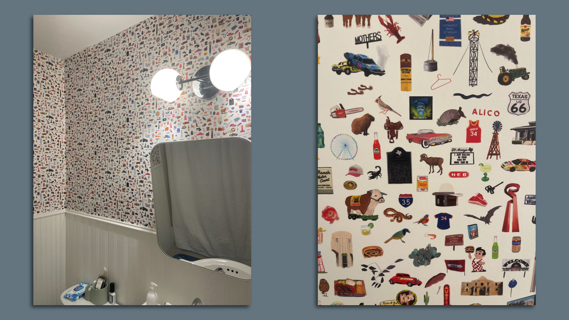 Two photos: one of of Texas themed wallpaper and another of the wallpaper being used in a restroom. 