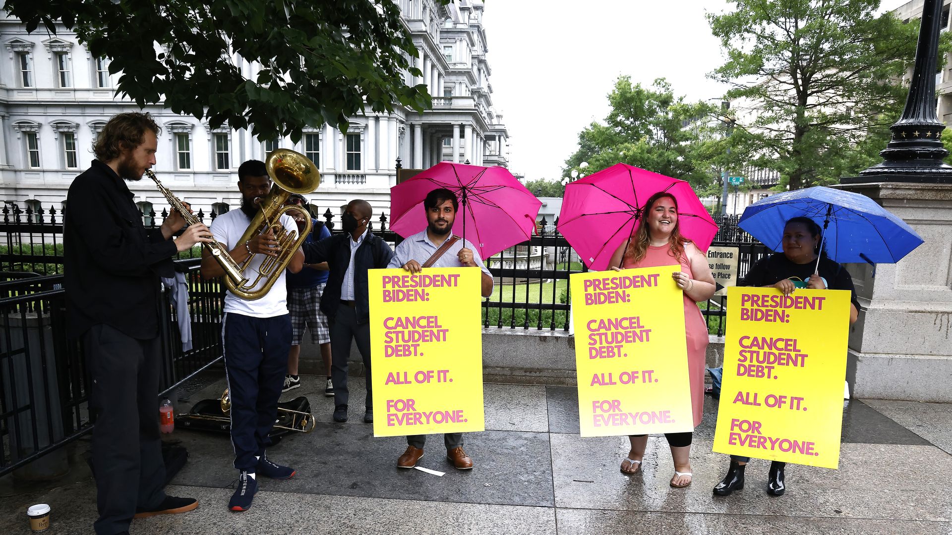 Student debt borrowers gather with a brass band for their monthly “Cancel Student Debt - All of it for All” action.