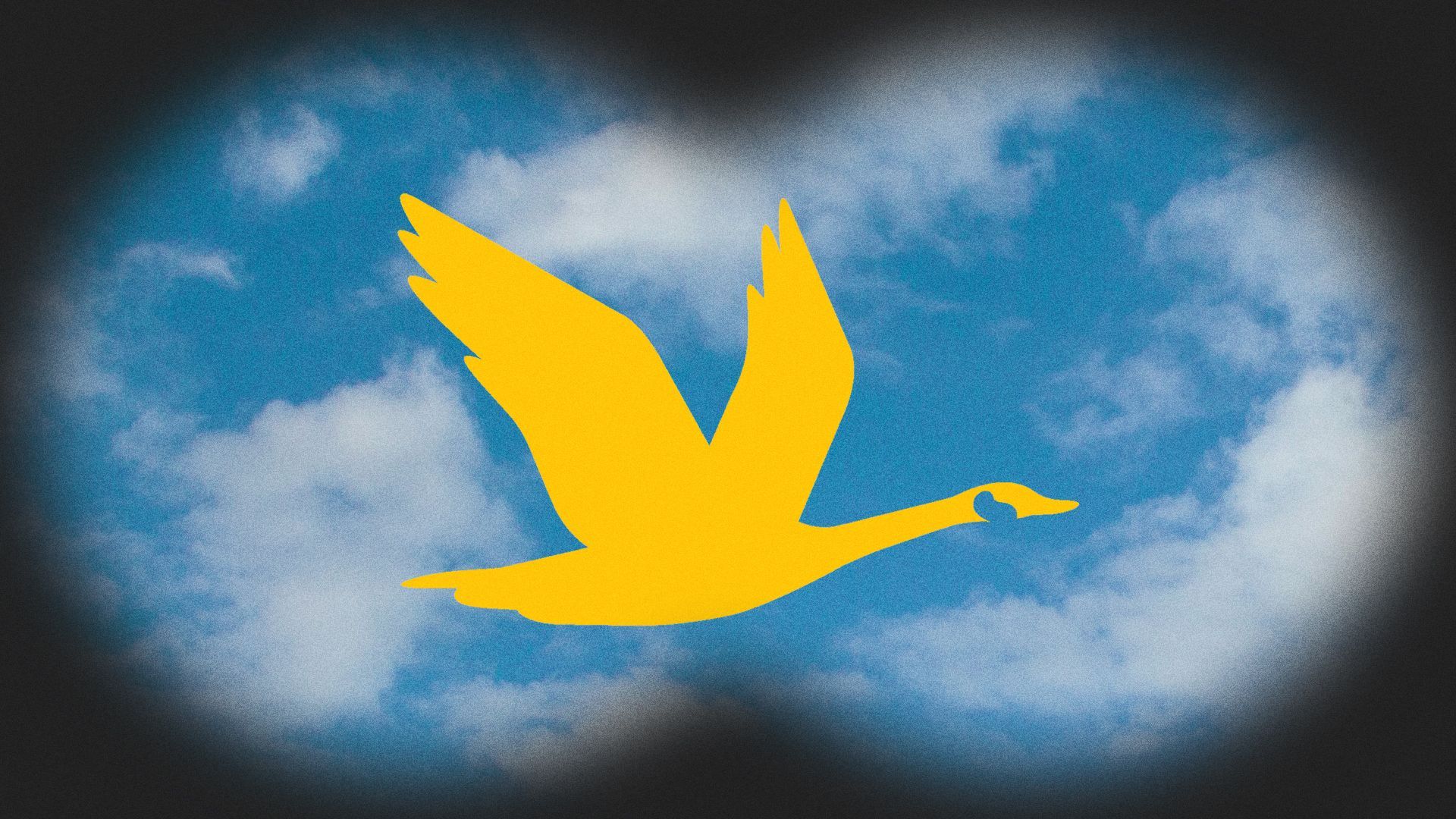 Illustration of the Wawa goose logo flying through the sky, being watched through binoculars. 
