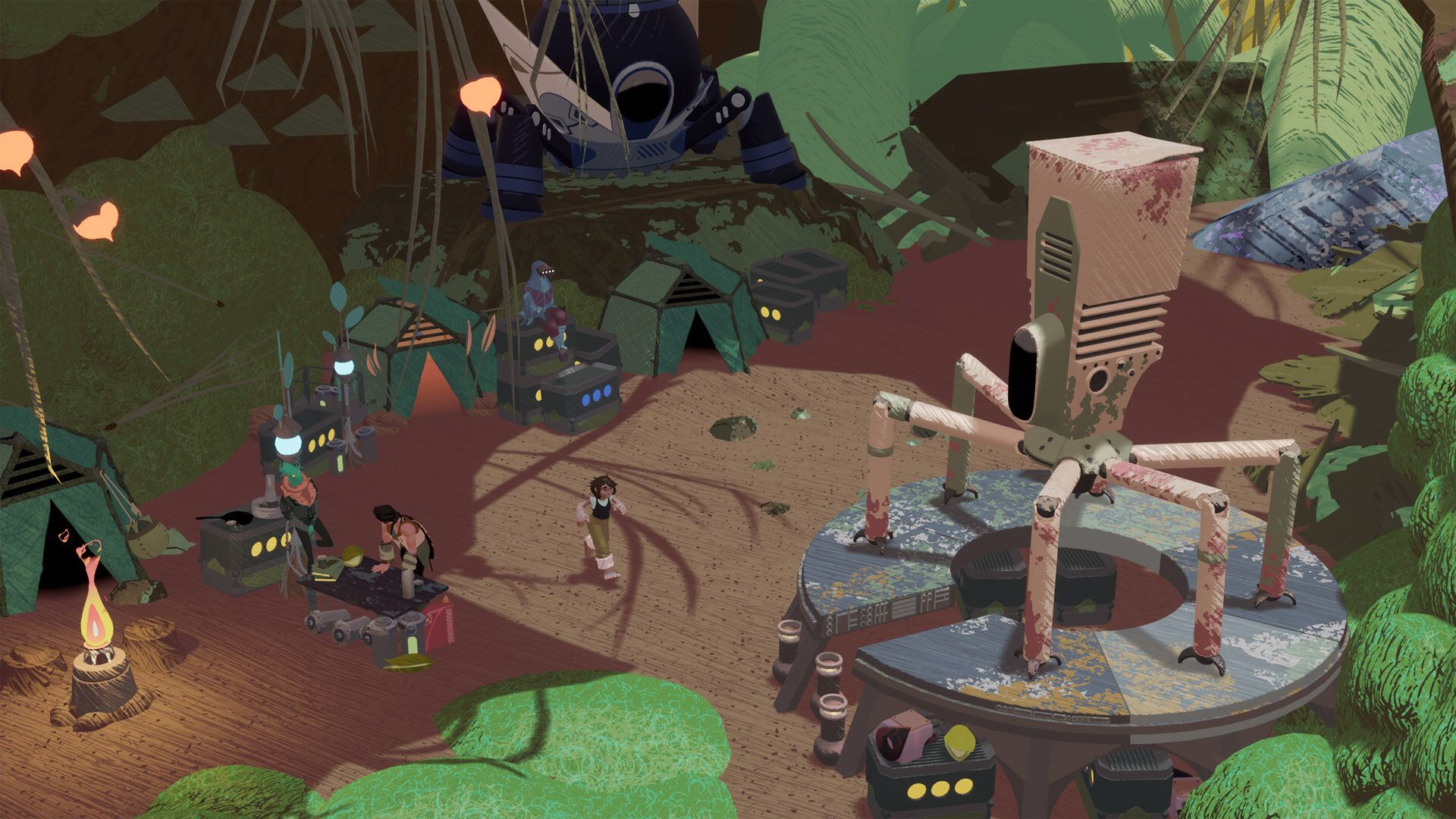 Screenshot of a girl walking through a camp toward a robot suit in the shape of an insect