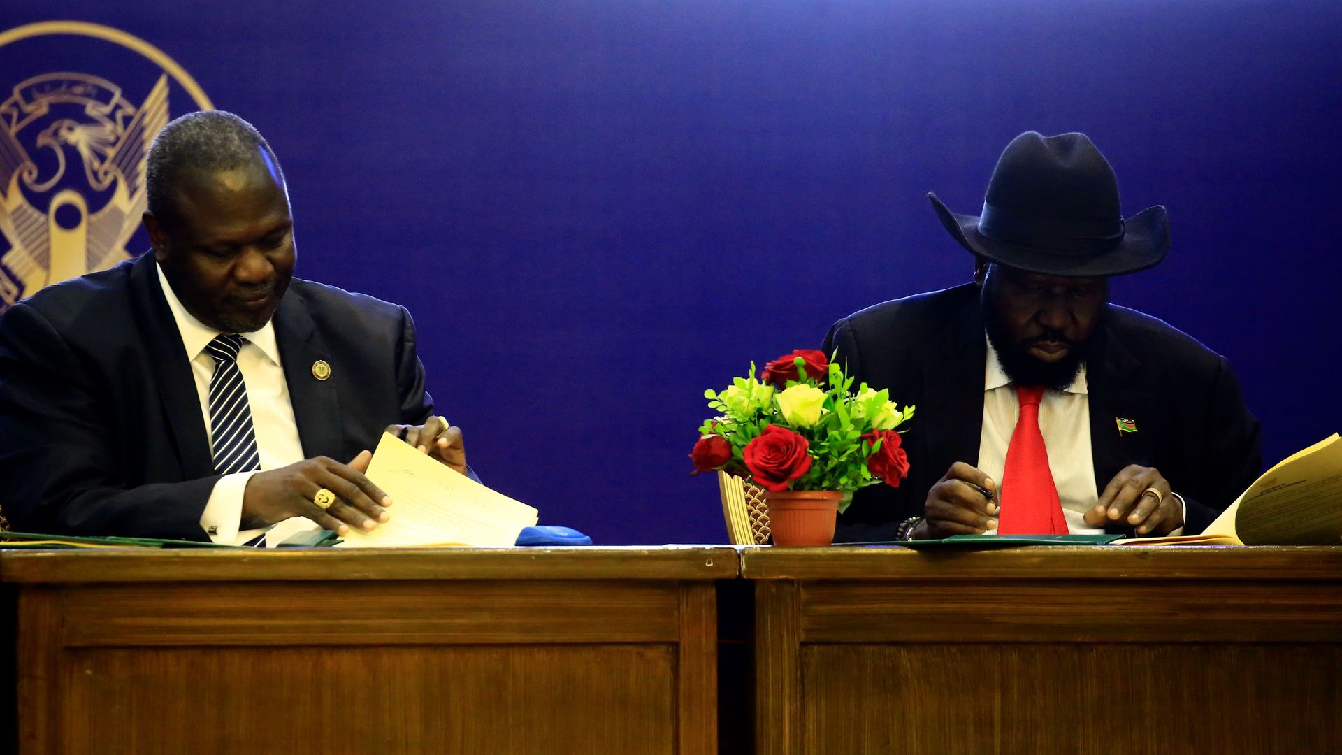 President of South Sudan, Salva Kiir (R) and South Sudan rebel leader Riek Machar attend a final power-sharing deal between South Sudanese arch-foes.