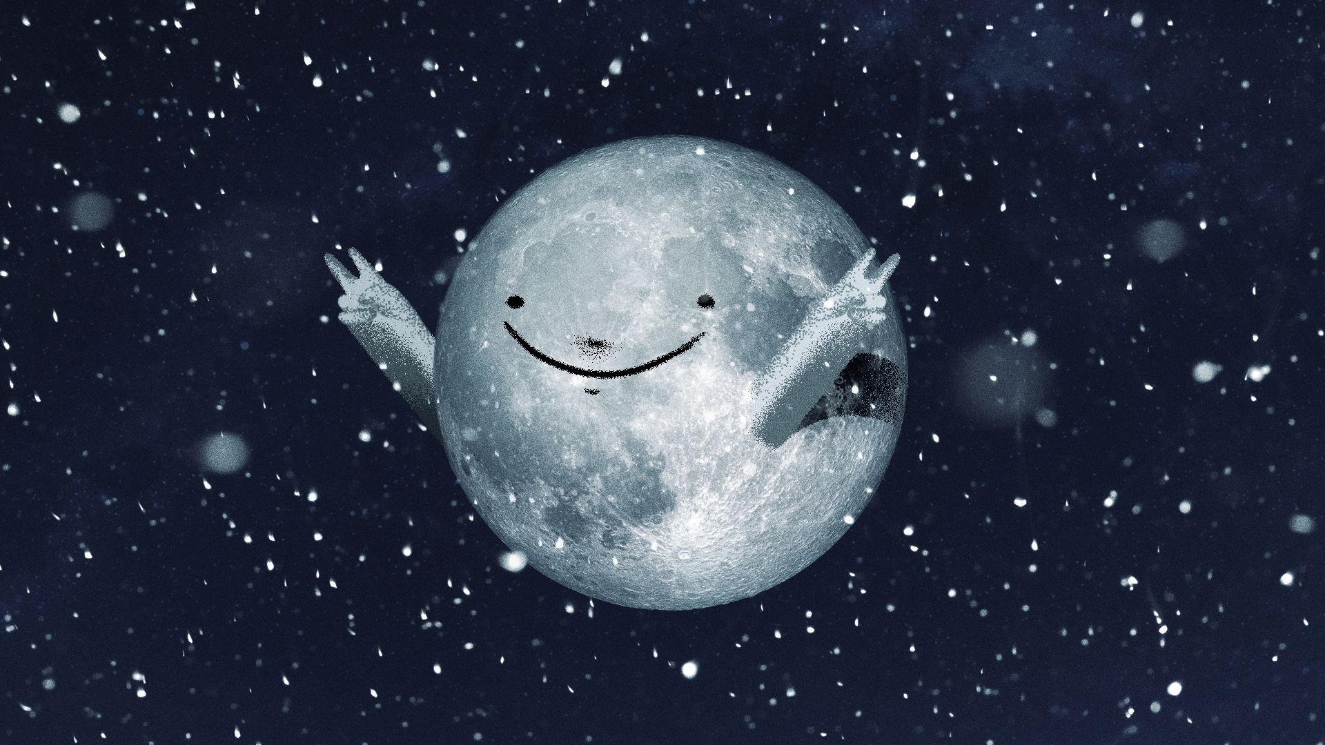 Illustration of a moon with snow throwing up peace signs. 