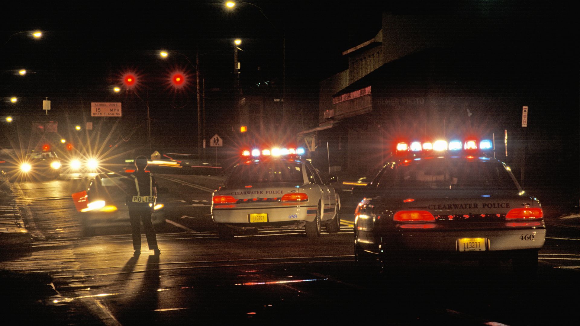 Police cars with their lights on at night in Clearwater, Florida