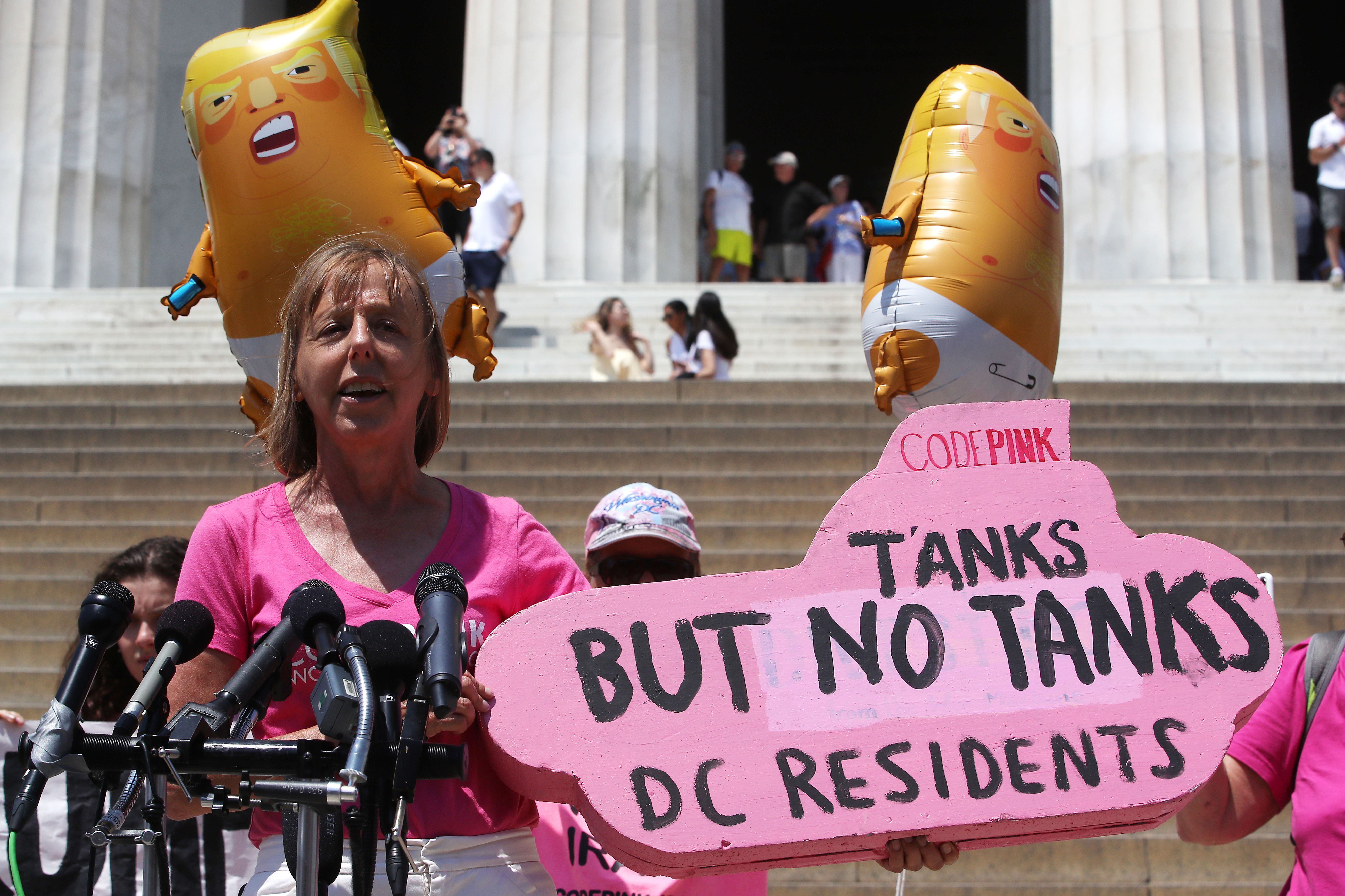 Code Pink activist Medea Benjamin speaks during a news conference at the Lincoln Memorial to protest against President Trump and the tanks planned for the Fourth of July.