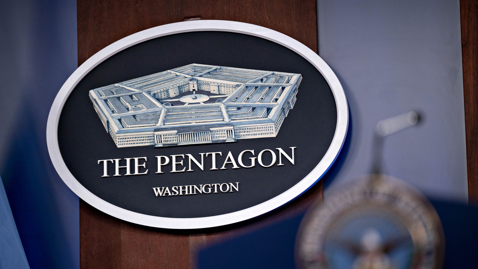 The Pentagon seal in the Pentagon Briefing Room in Arlington, Virginia.