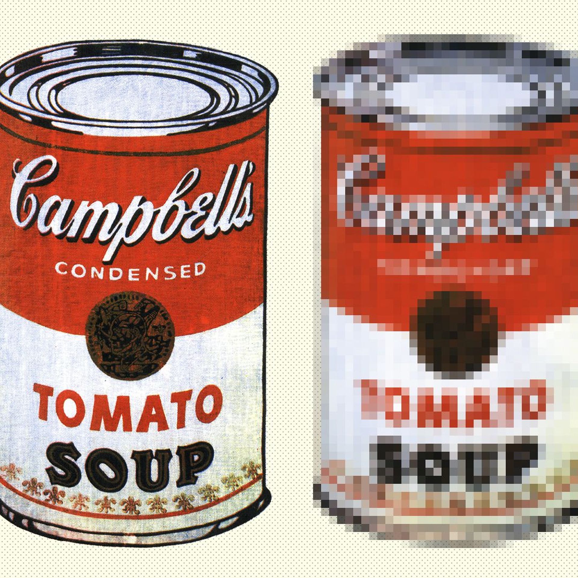 Illustration of three of Andy Warhol's Campbell's soup cans, gradually becoming pixelated.