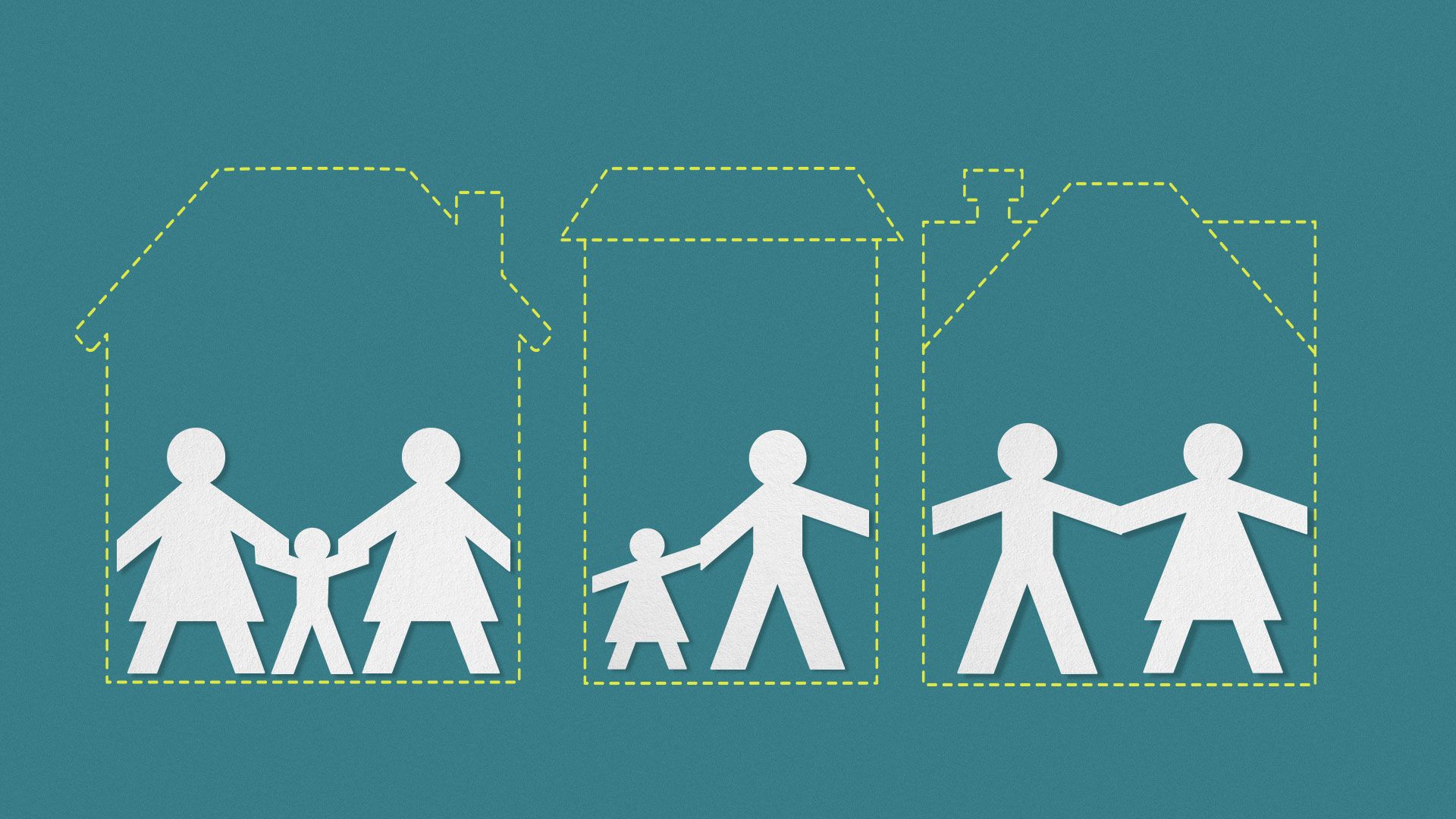 Illustration of paper cut-out families under outlined houses.
