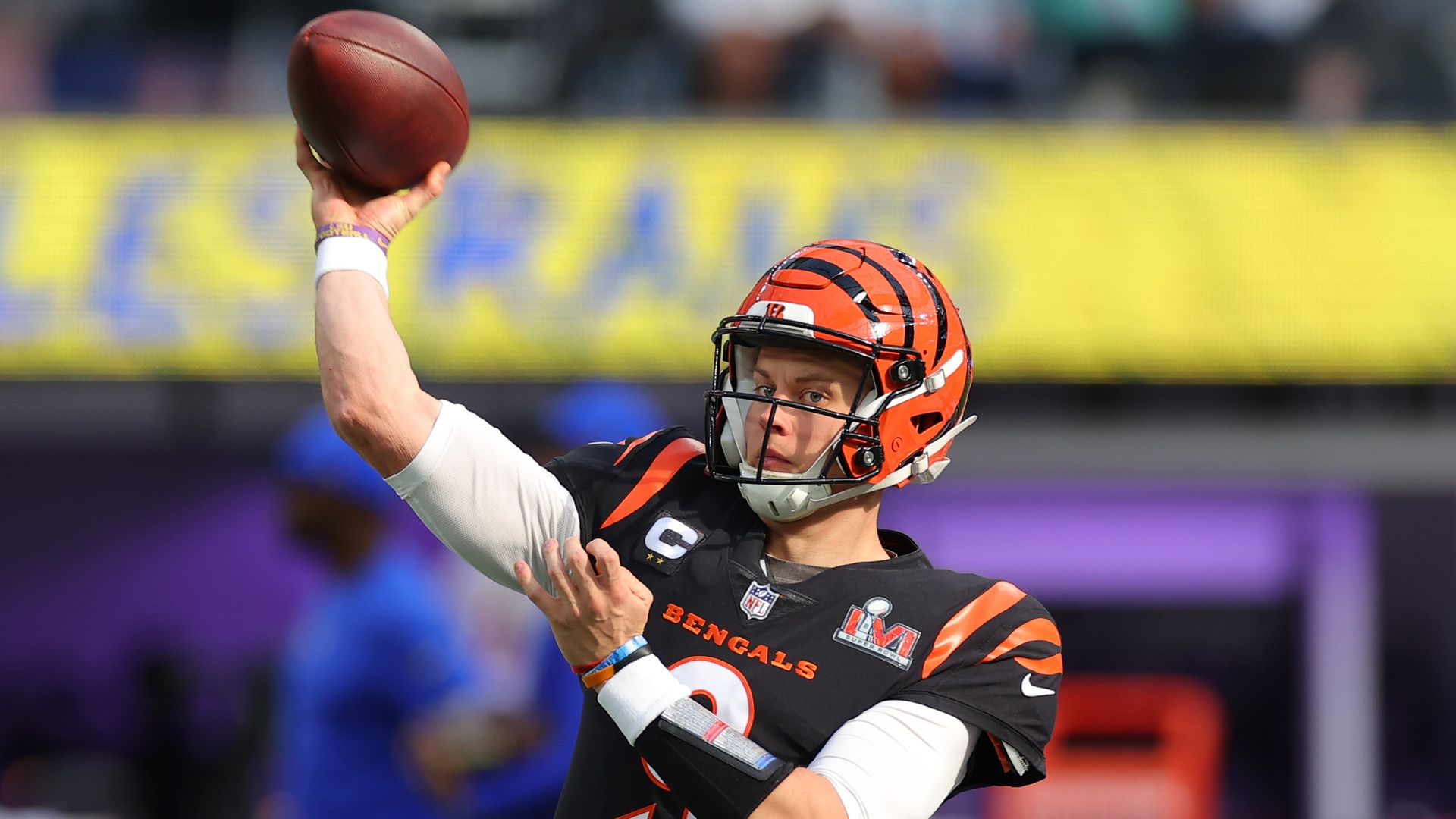 Joe Burrow throws a pass during warm ups at the Super Bowl