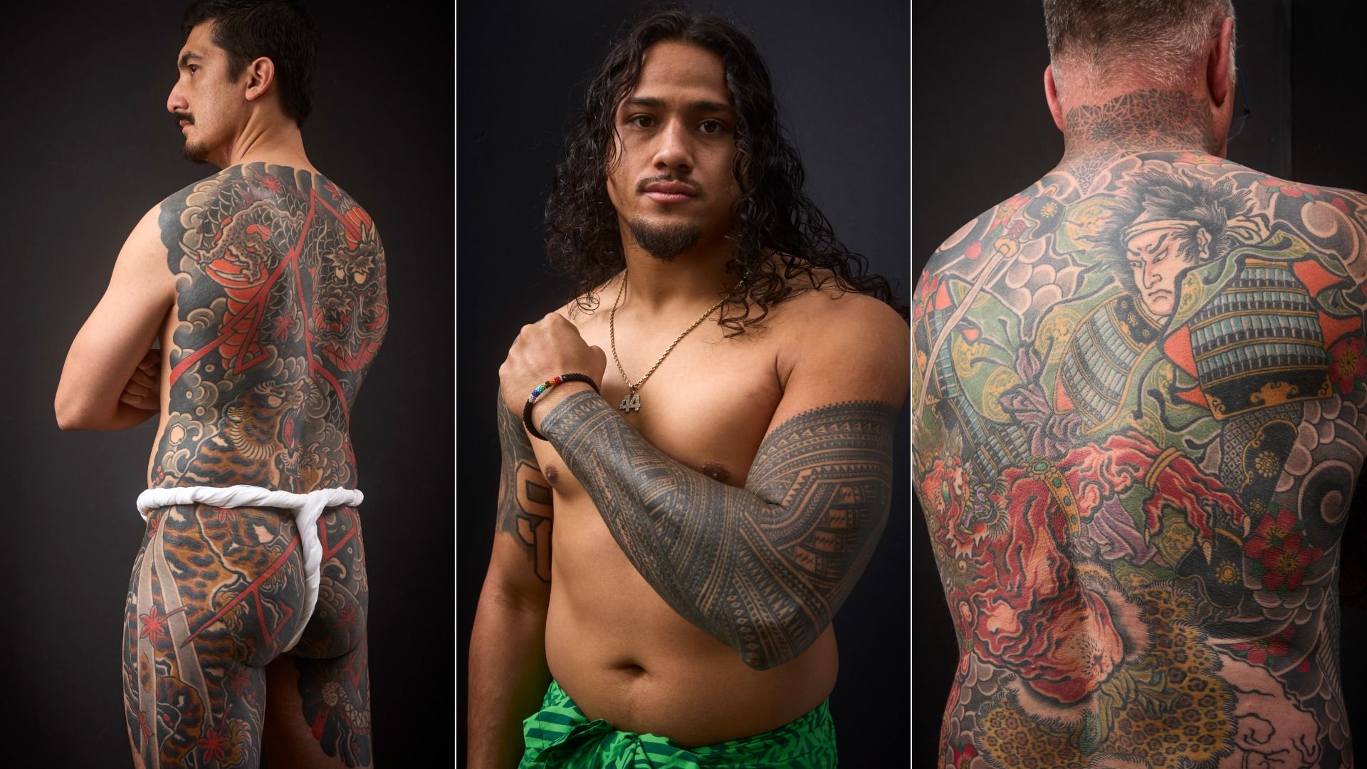 Three images of tattooed men: left, man shows detailed black and red dragon and tiger back tattoos; center, man with curly hair shows Polynesian tribal arm tattoo; right, man with colorful Japanese warrior and tiger back tattoo.