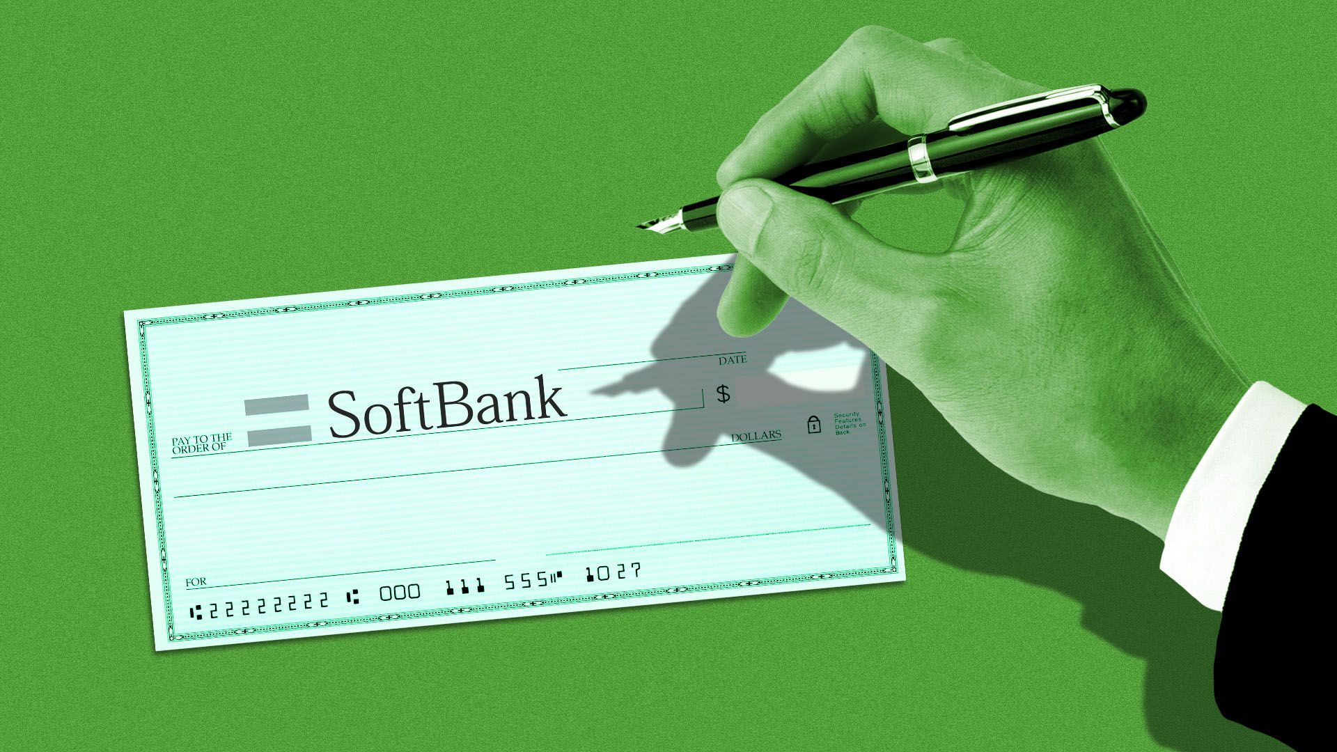 Illustration of a hand about to sign a blank check that reads SoftBank
