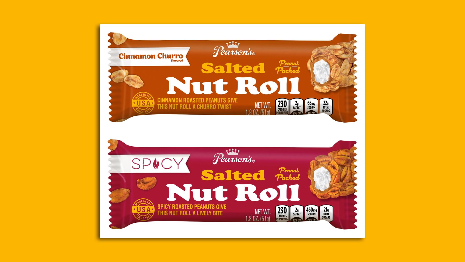 Two new Salted Nut Roll wrappers, one cinnamon, one spicy 