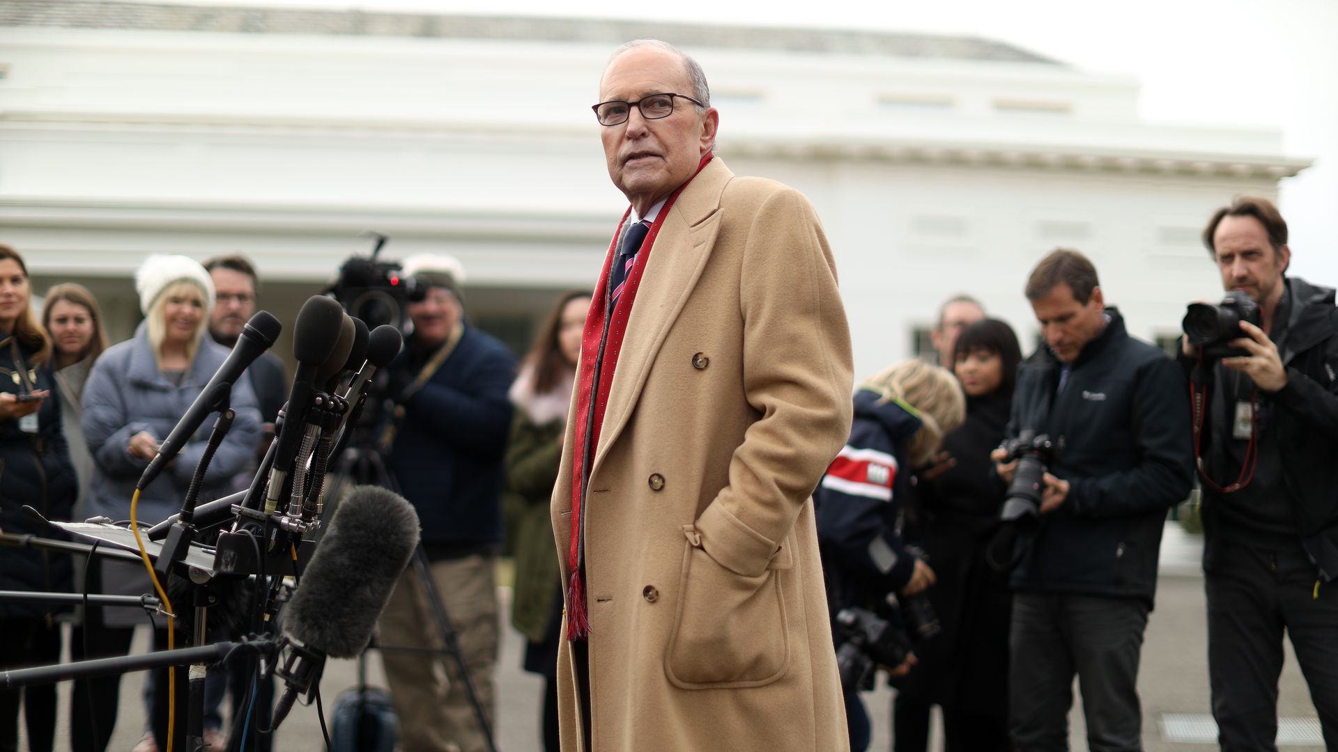 Director of the U.S. National Economic Council Larry Kudlow speaks to members of the media outside the West Wing of the White House January 10, 2020 in Washington, DC.