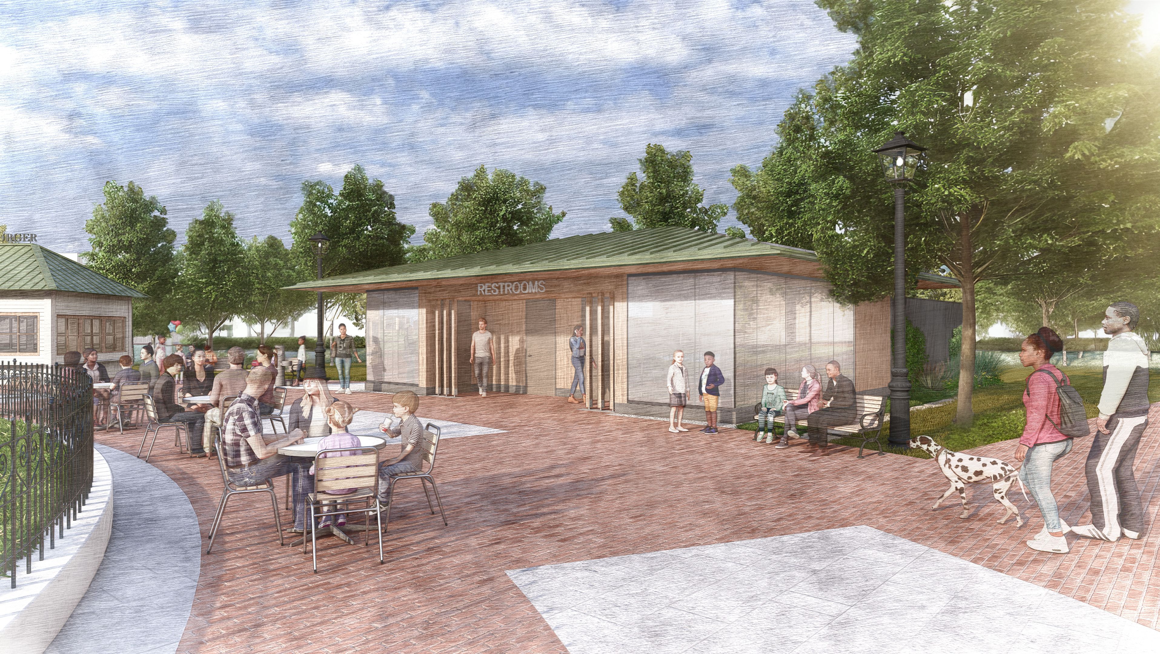 A rendering of a restroom