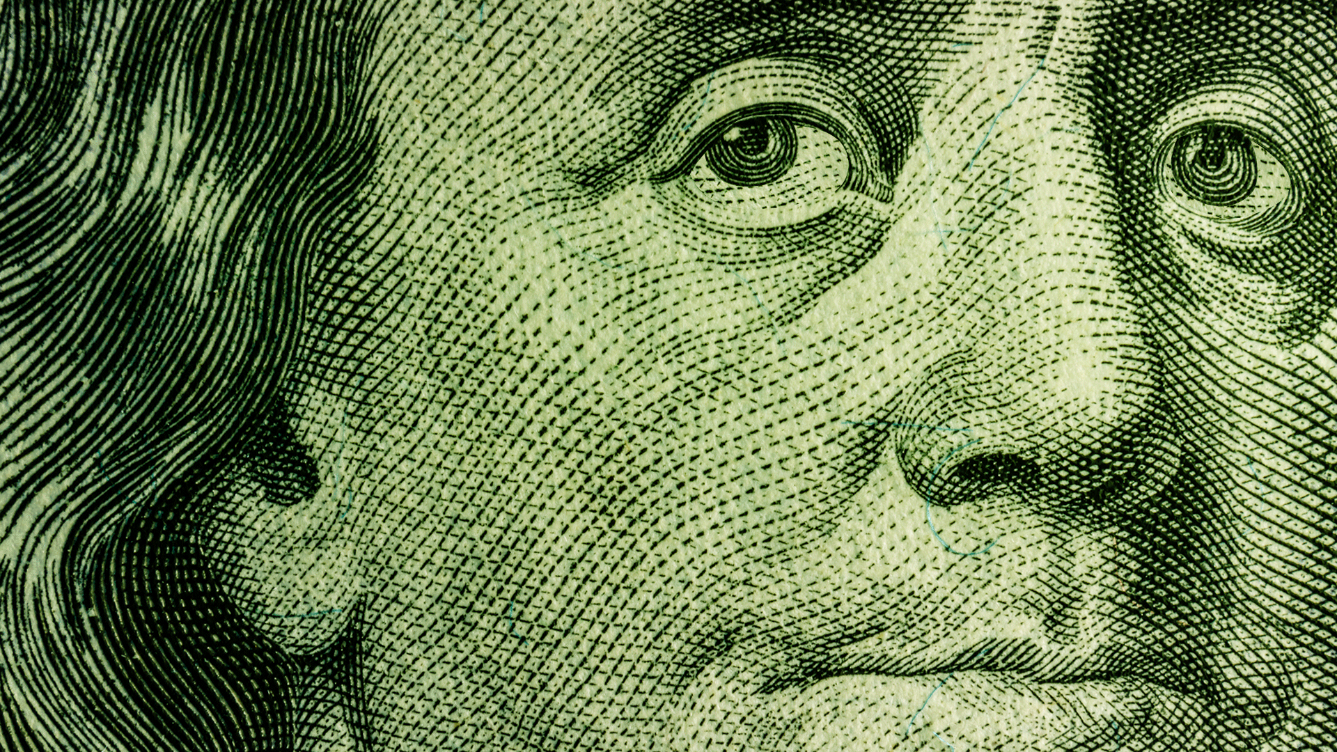 Illustration of a hundred dollar bill tightly cropped on Ben Franklin's face with eyes rolling and mouth pursed 