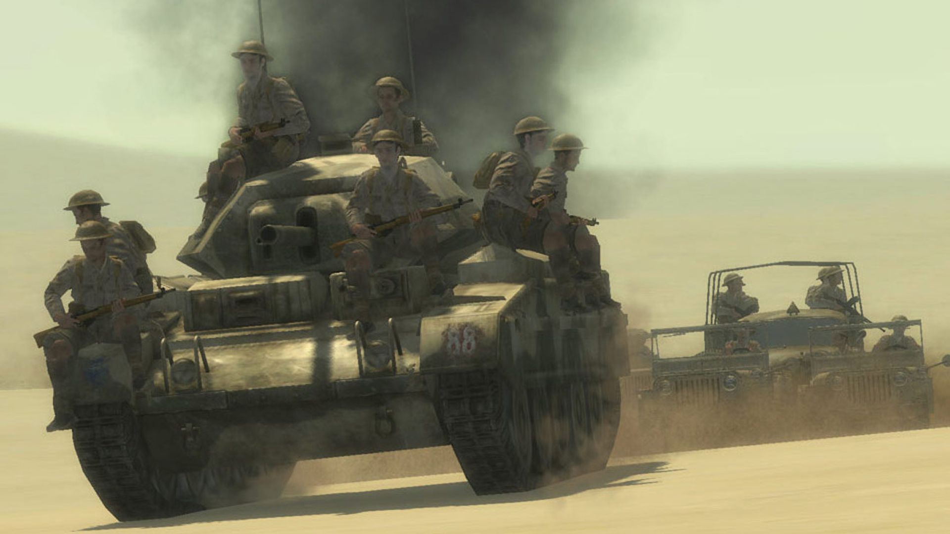 Video game screenshot of soldiers on a tank in the desert