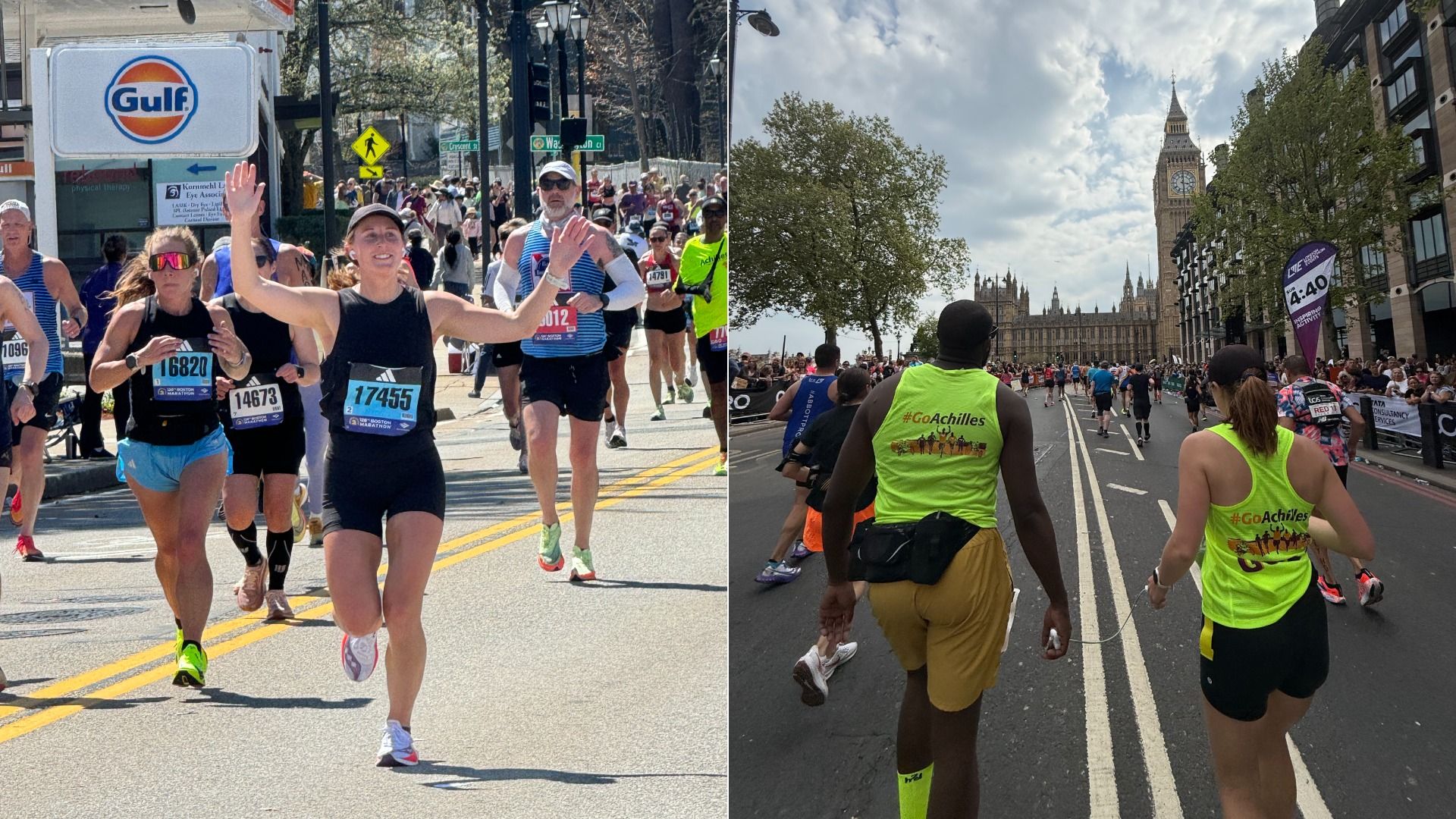 Split view of a city marathon: left shows runners on a busy street near a Gulf sign; right shows runners in neon yellow shirts with #GoAchilles, nearing Westminster with Big Ben in the background.