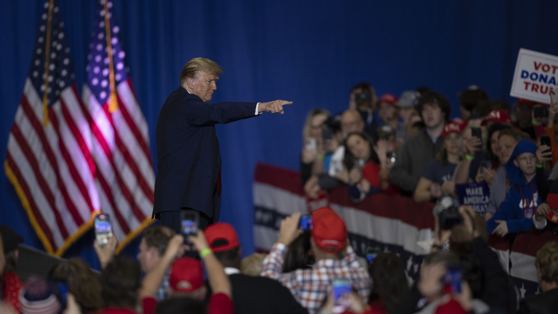GREENSBORO, NC - MARCH 2: Republican presidential candidate former President Donald Trump interacts with the crowd during a rally at the Greensboro Coliseum, in Greensboro, NC on Saturday, March 2, 2024. (Photo by Scott Muthersbaugh for The Washington Post via Getty Images)