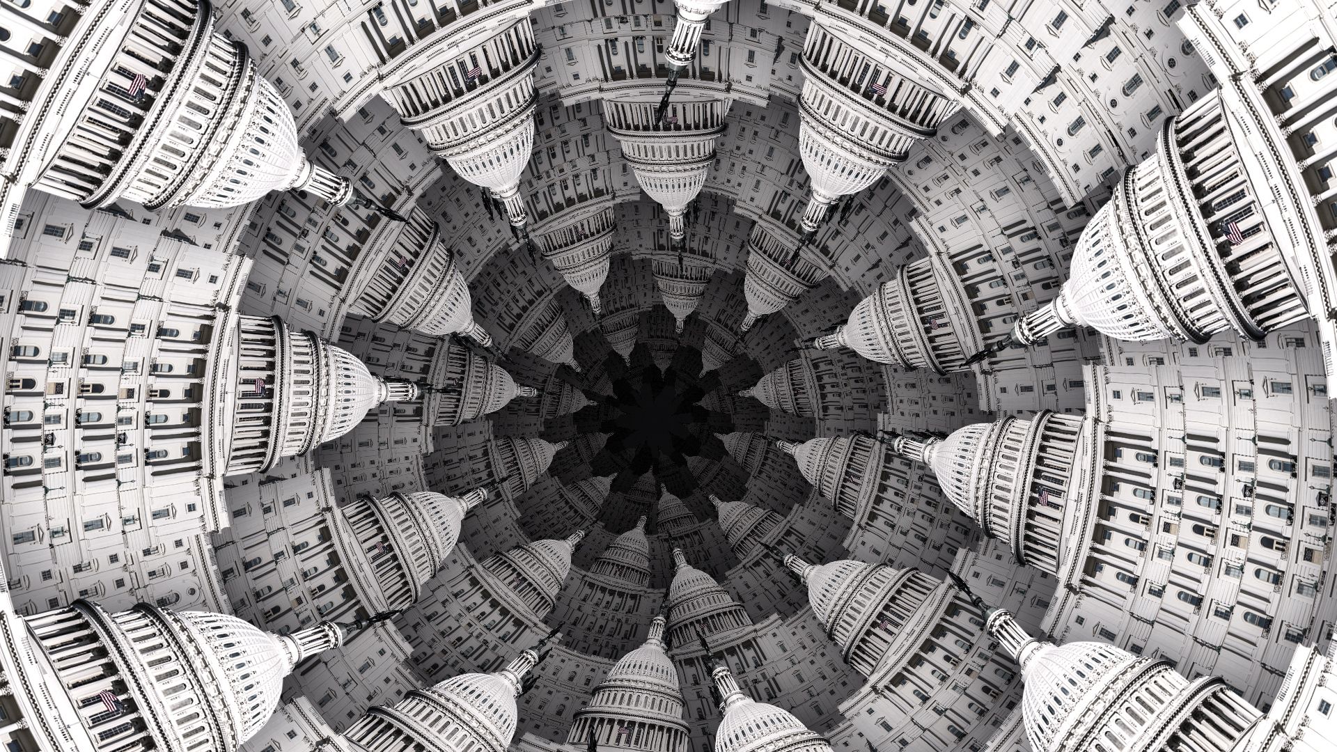 Illustration of the Capitol building circling concentrically in a recursive style into infinity.