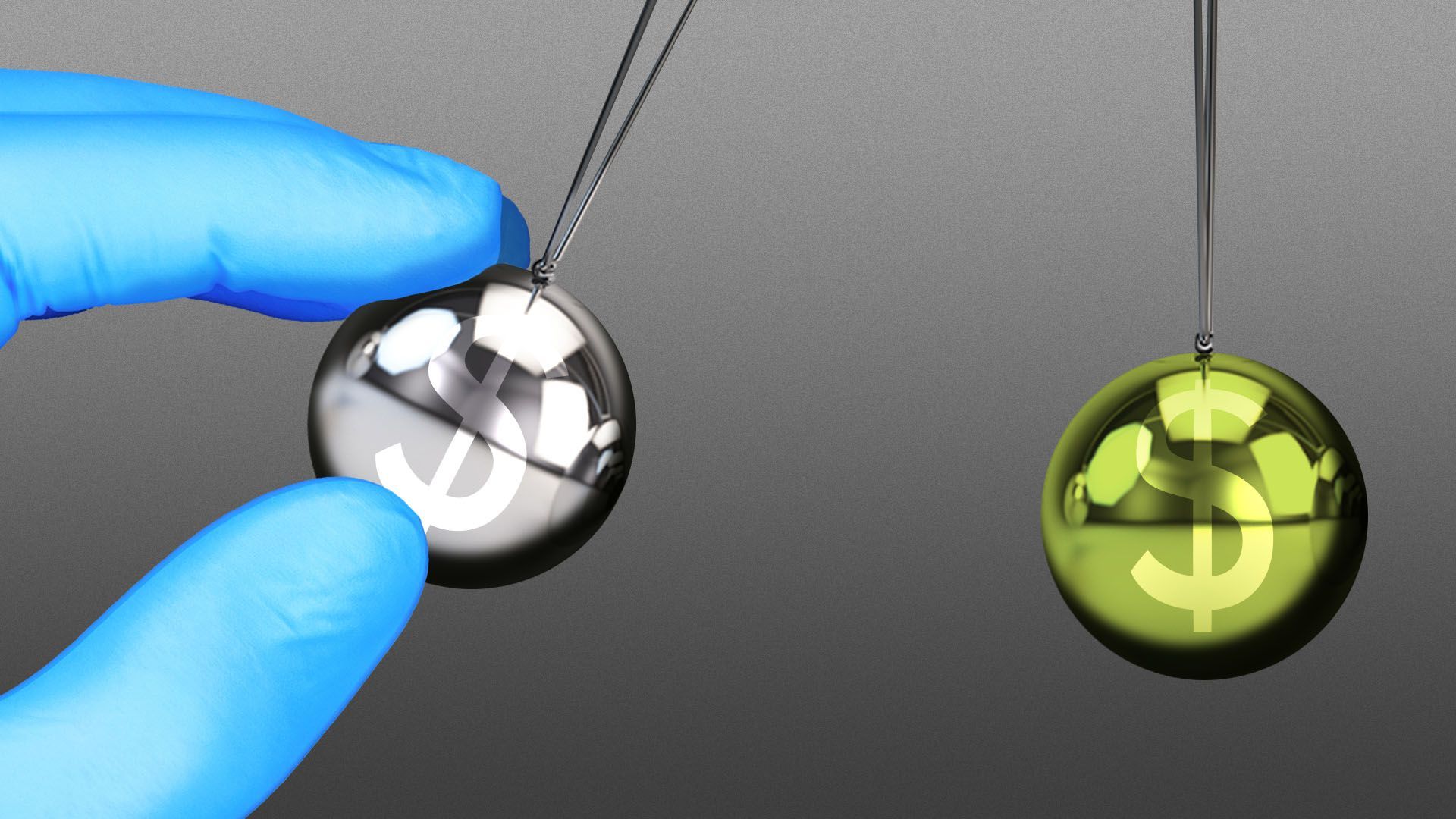 Illustration of hands in medical gloves holding a ball on a Newton's cradle with a dollar sign on it