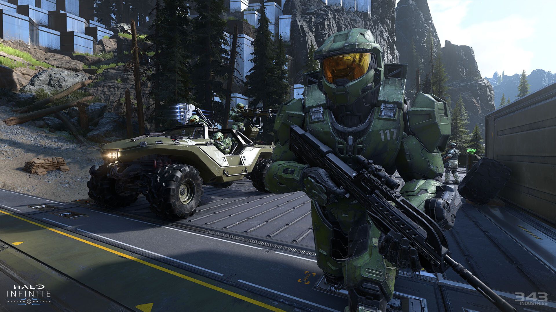 Video game screenshot of Halo's Master Chief running near a parked vehicle