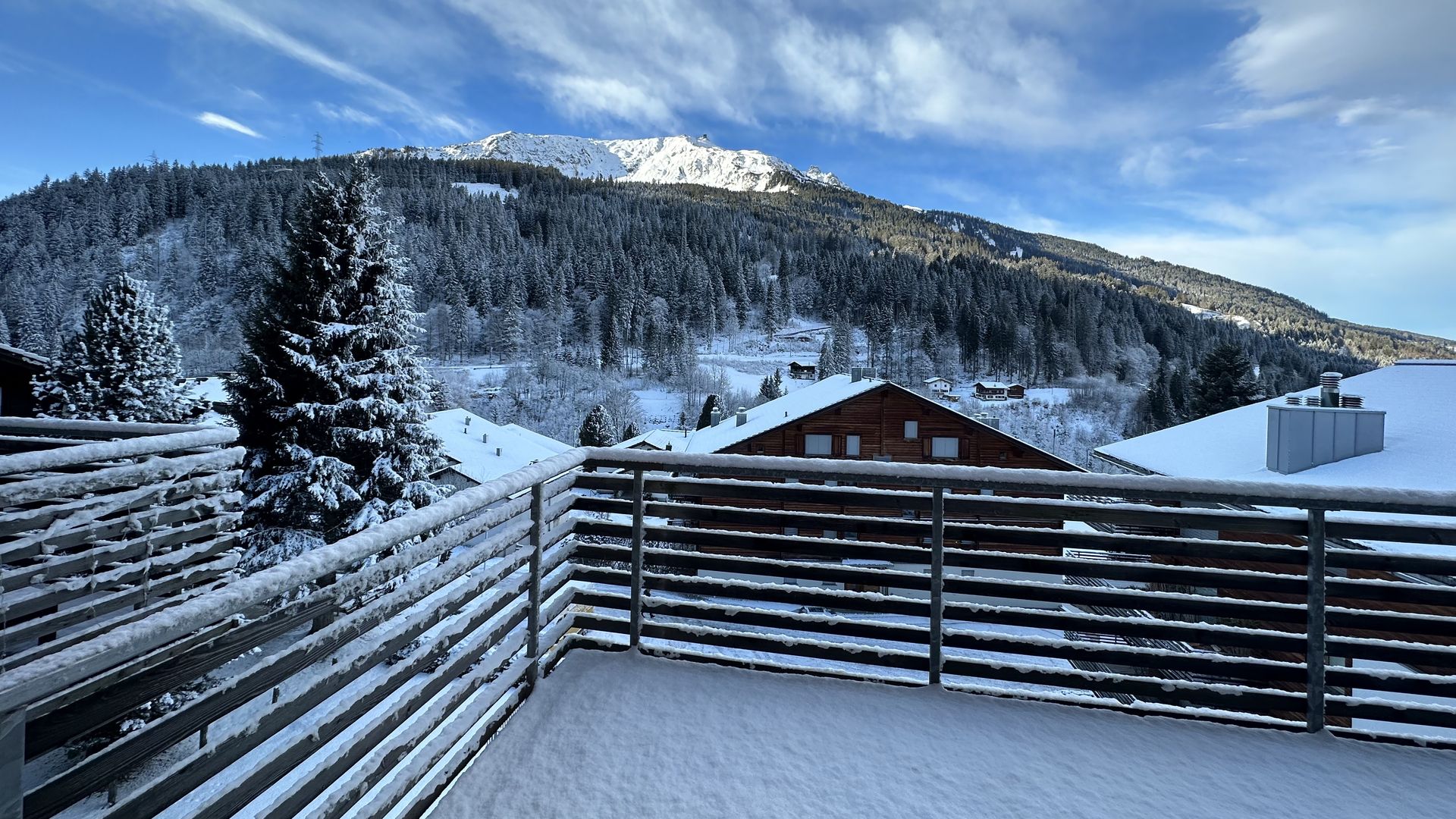 A stunning, snowy view of the Swiss Alps from an apartment in Klosters, Switzerland
