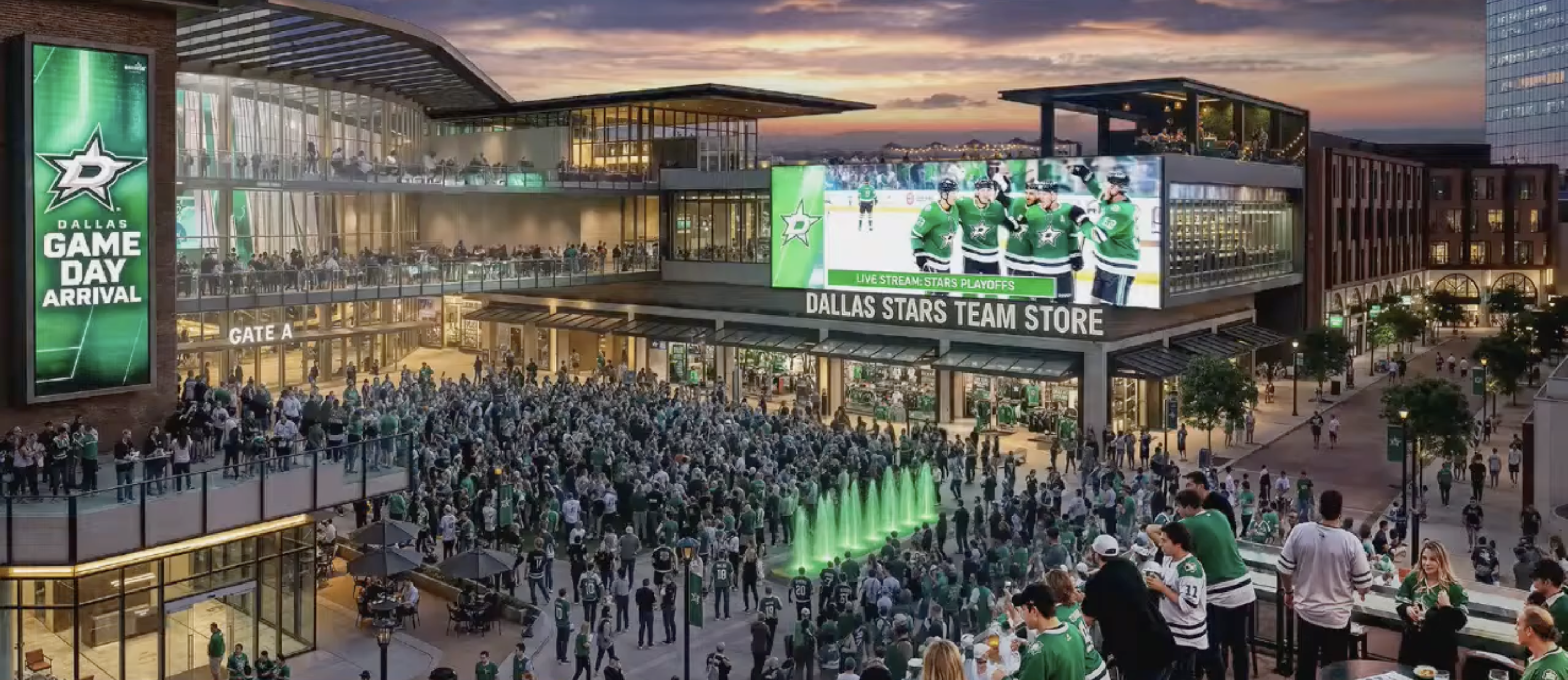 Wide view of the Dallas Stars arena exterior at sunset, a crowded plaza of green-clad fans, a large LED screen with players, and a prominent "Dallas Stars Team Store" sign near Gate A.
