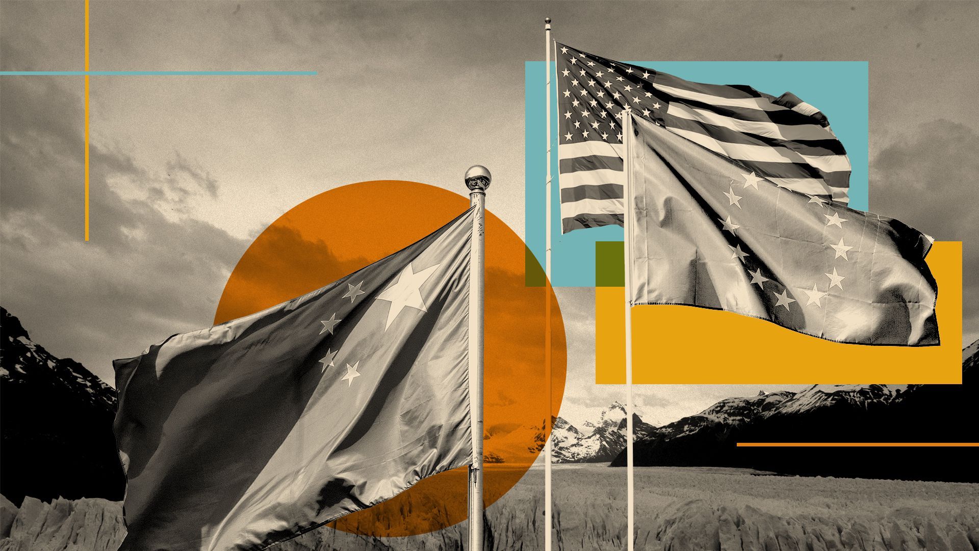 Photo illustration of the Chinese, American and European flags over colorful shapes and Los Glaciares National Park near El Calafate, Argentina.