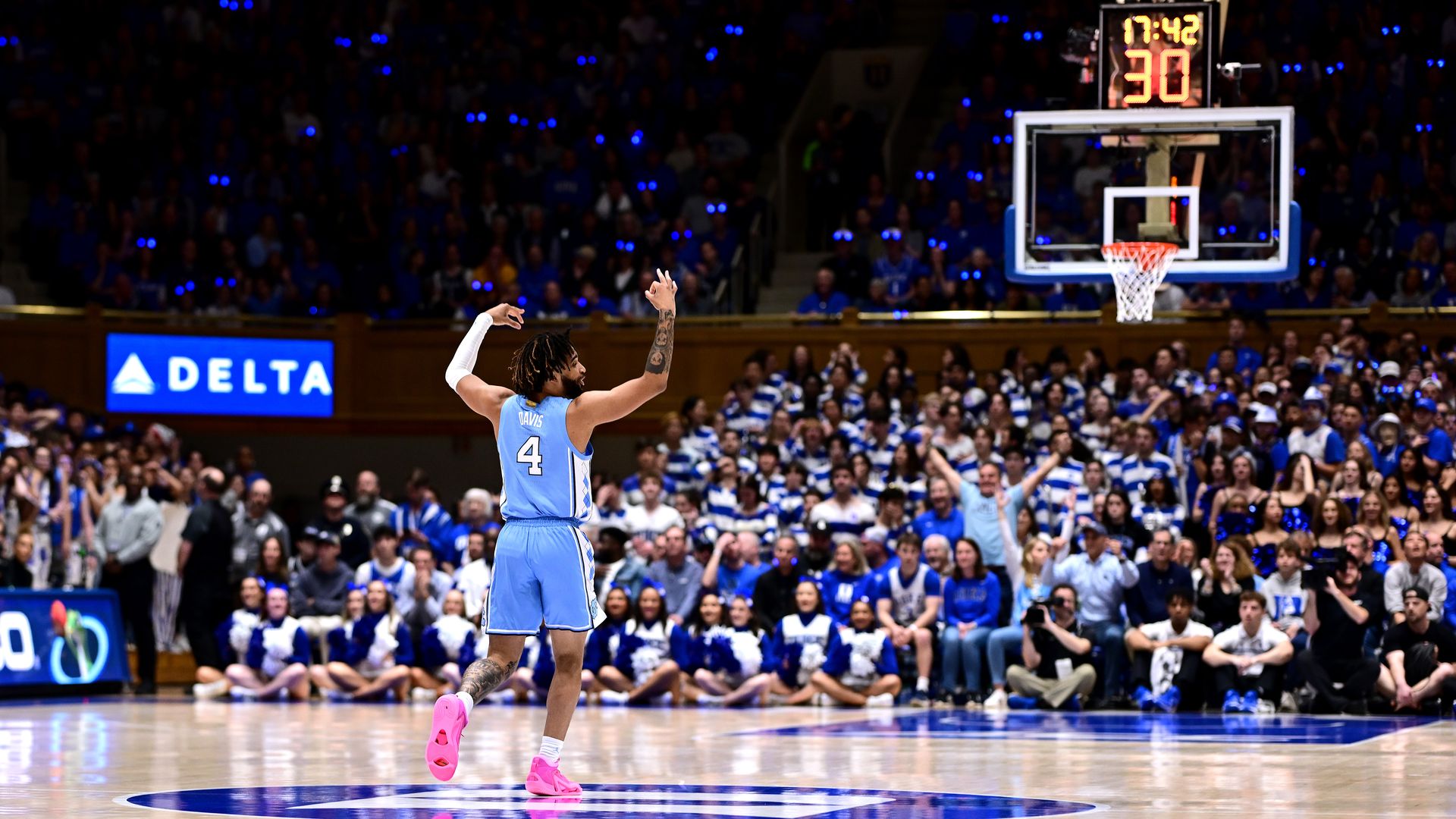 DURHAM, NORTH CAROLINA - MARCH 09: RJ Davis #4 of the North Carolina Tar Heels reacts after a teammate's three-point basket against the Duke Blue Devils during the first half of the game at Cameron Indoor Stadium on March 09, 2024 in Durham, North Carolina. (Photo by Grant Halverson/Getty Images)