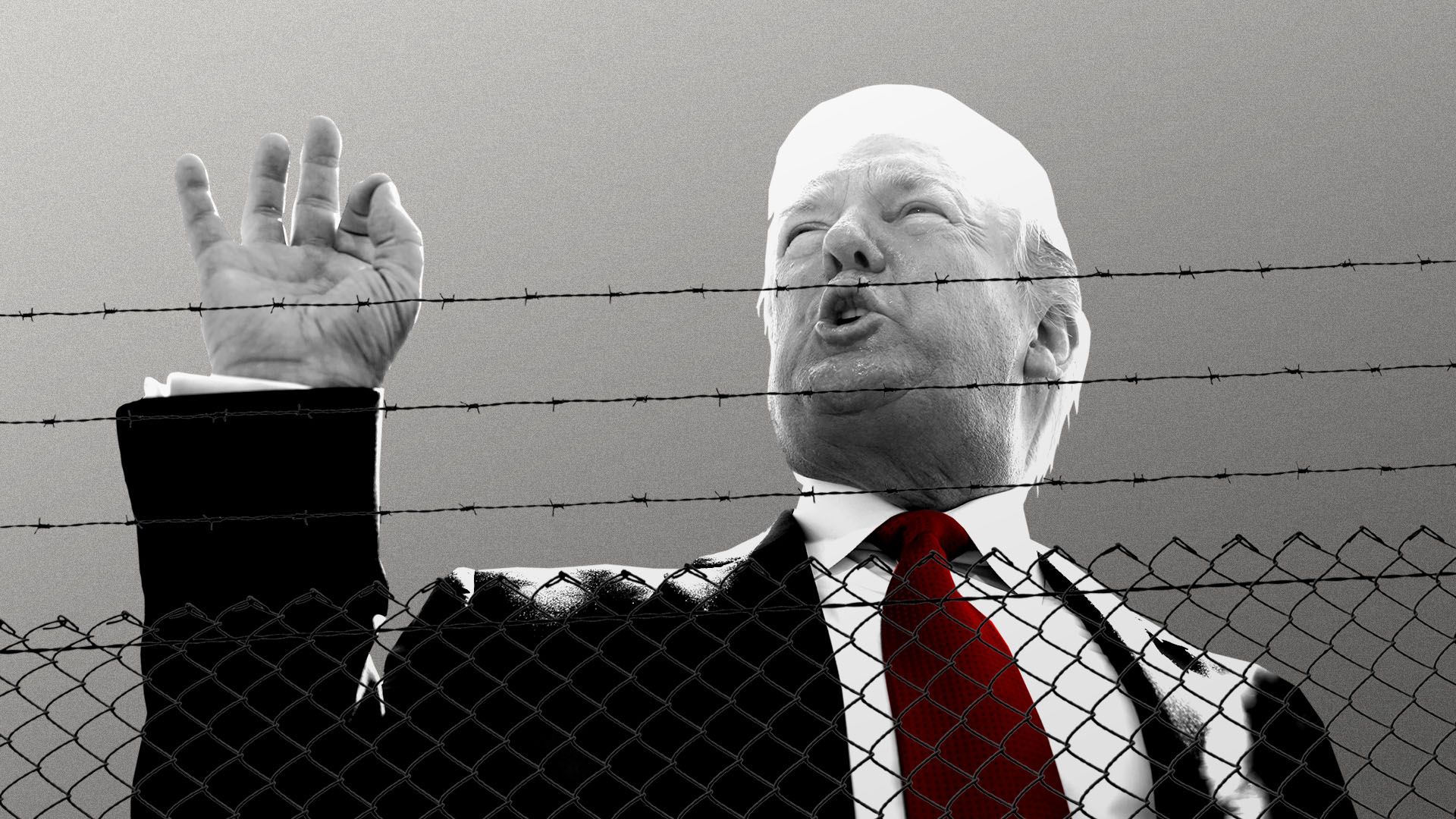 Illustration of Donald Trump with a barbed wire fence in the foreground