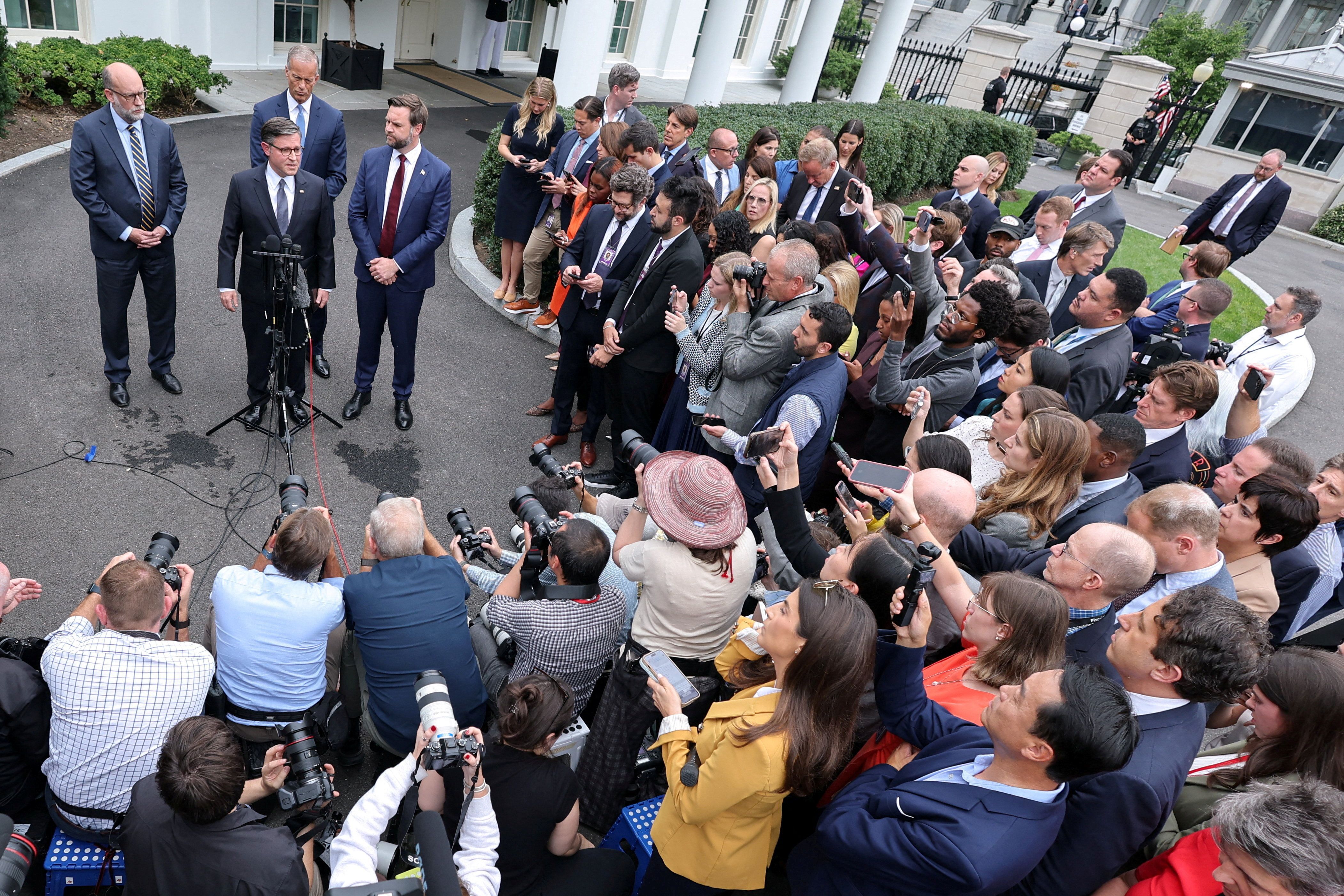House Speaker Mike Johnson (R-LA) speaks to the media next to U.S. Vice President JD Vance, Office of Management and Budget (OMB) Director Russell Vought and Senate Majority Leader John Thune (R-SD) on the day U.S. President Donald Trump meets with top congressional leaders from both parties, just a