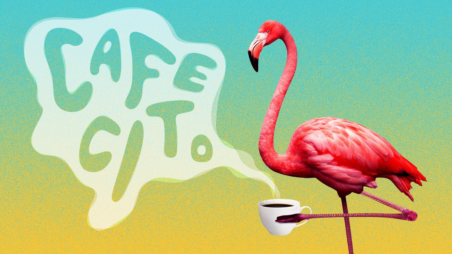 Illustration of a flamingo holding a cup of coffee, with the steam spelling "Cafecito."